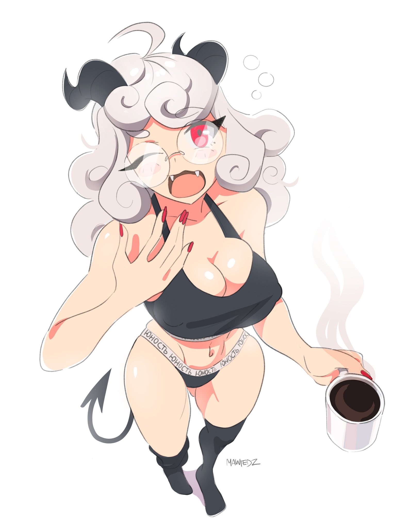 :3, 1girls, ahoge, black legwear, black panties, breasts, cleavage, clothed, coffee, coffee mug, collarbone, curly hair, curvy, demon, demon girl, demon tail, eyeliner, eyewear, fangs, feet, female, female only, glasses, helltaker, high-angle view, holding drink, horns, humanoid, large breasts, legwear, mawiedz, midriff, nail polish, navel, nipple bulge, one eye closed, pandemonica (helltaker), panties, perspective, red eyes, red nails, shiny skin, signature, simple background, solo, tail, thick thighs, thighhighs, white background, white hair, yawn