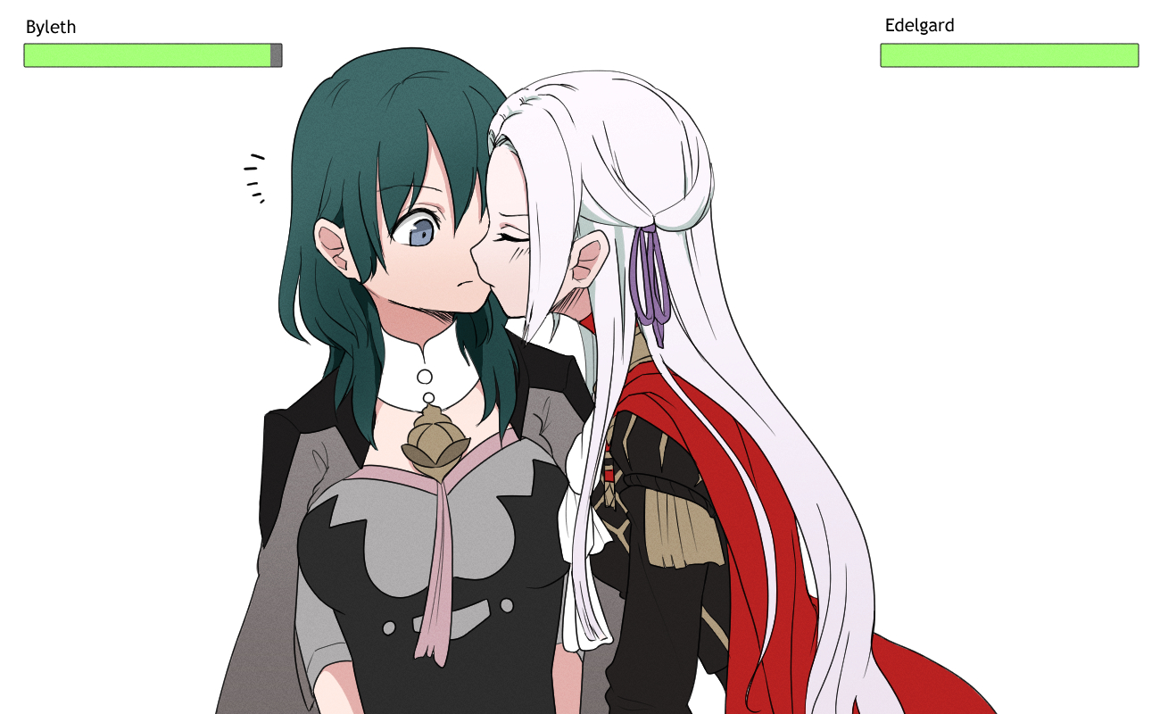 2girls, assertive, blue eyes, byleth (fire emblem), byleth (fire emblem) (female), closed eyes, edelgard von hresvelg, female, female only, femdom, fire emblem, fire emblem: three houses, fr0zennnnnnet, garreg mach monastery uniform, gentle femdom, happy female, health bar, horny female, kiss, kissing, lesbian, lesbians, medium hair, multiple females, multiple girls, nieto tokage, nintendo, stats, teal hair, white background, white hair, wholesome, yuri