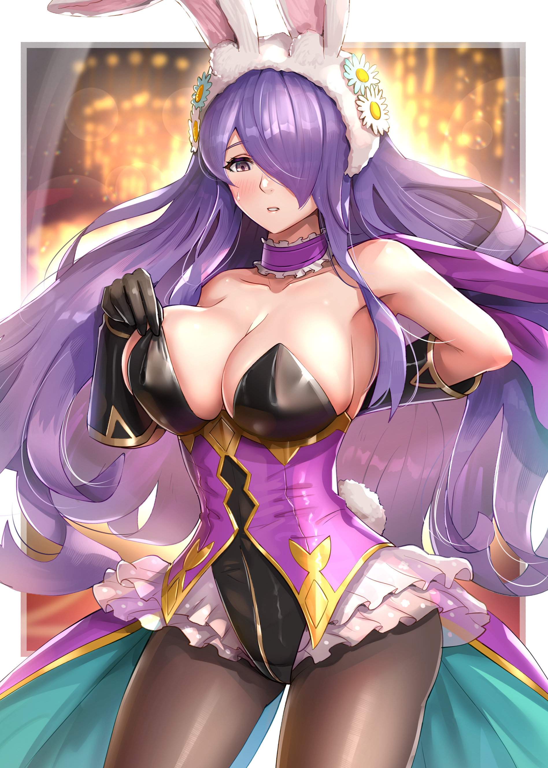 1girls, absurdres, adjusting clothes, alternate costume, animal ears, bangs, bare shoulders, blush, breasts, bunnysuit, camilla (fire emblem), choker, cleavage, collarbone, cowboy shot, easter, elbow gloves, female, female only, fire emblem, fire emblem fates, fire emblem heroes, frilled choker, frilled skirt, frills, gloves, gonzarez, hair over one eye, highres, large breasts, leotard, long hair, nintendo, official alternate costume, parted lips, playboy bunny, purple eyes, purple hair, rabbit ears, rabbit tail, shiny clothes, skirt, solo, sweatdrop, tail, very long hair