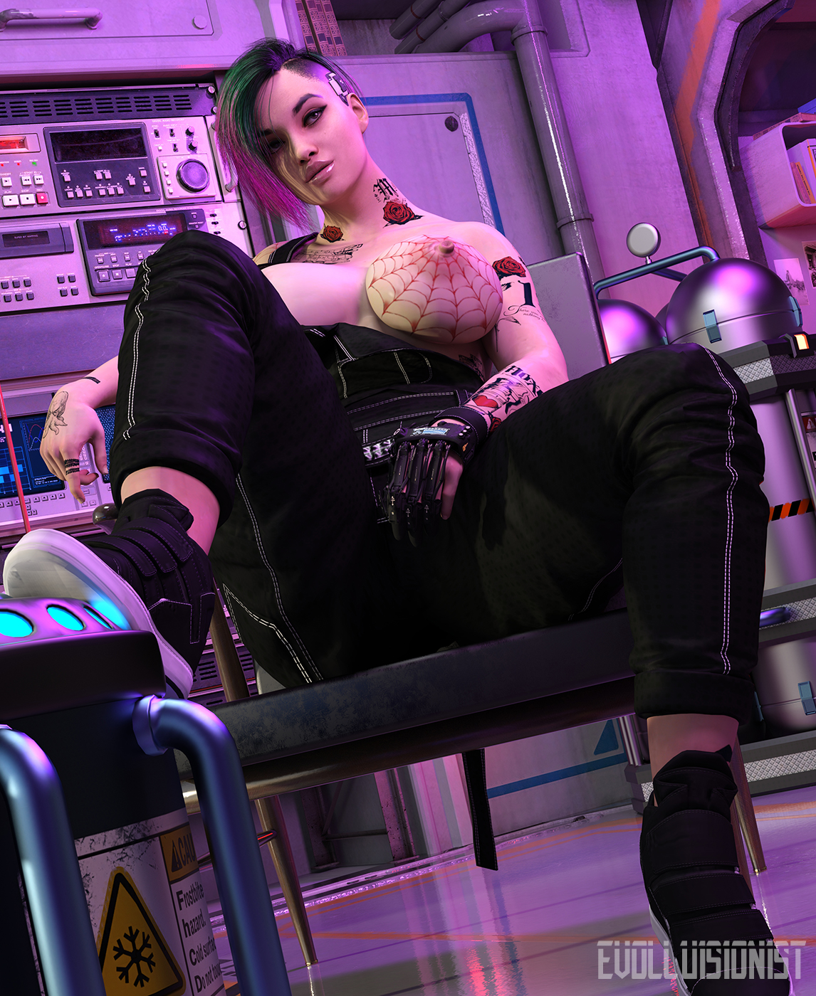 1girls, 3d, areolae, big breasts, breasts, cyberpunk 2077, evolluisionist, female, female only, judy alvarez, large breasts, nipples, solo, tattoo, topless