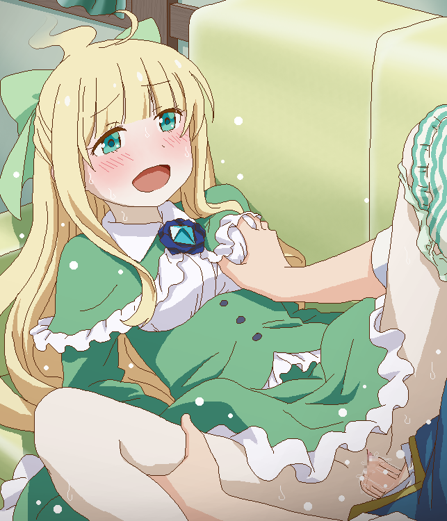 1boy 1girls blonde_hair blush bottomless breast_grab capelet censored cheat_kushushi_no_slow_life cheat_pharmacist's_slow_life_making_a_drugstore_in_another_world clothed_sex clothing couch dress dress_lift female frills ghost grabbing green_dress green_eyes green_panties kirio_reiji long_hair male mina_(cheat_kushushi_no_slow_life) missionary mosaic_censoring open_mouth panties panties_around_one_leg penetration penis pussy sex spread_legs straight sweat tomu_(tomubobu) underwear vaginal_penetration