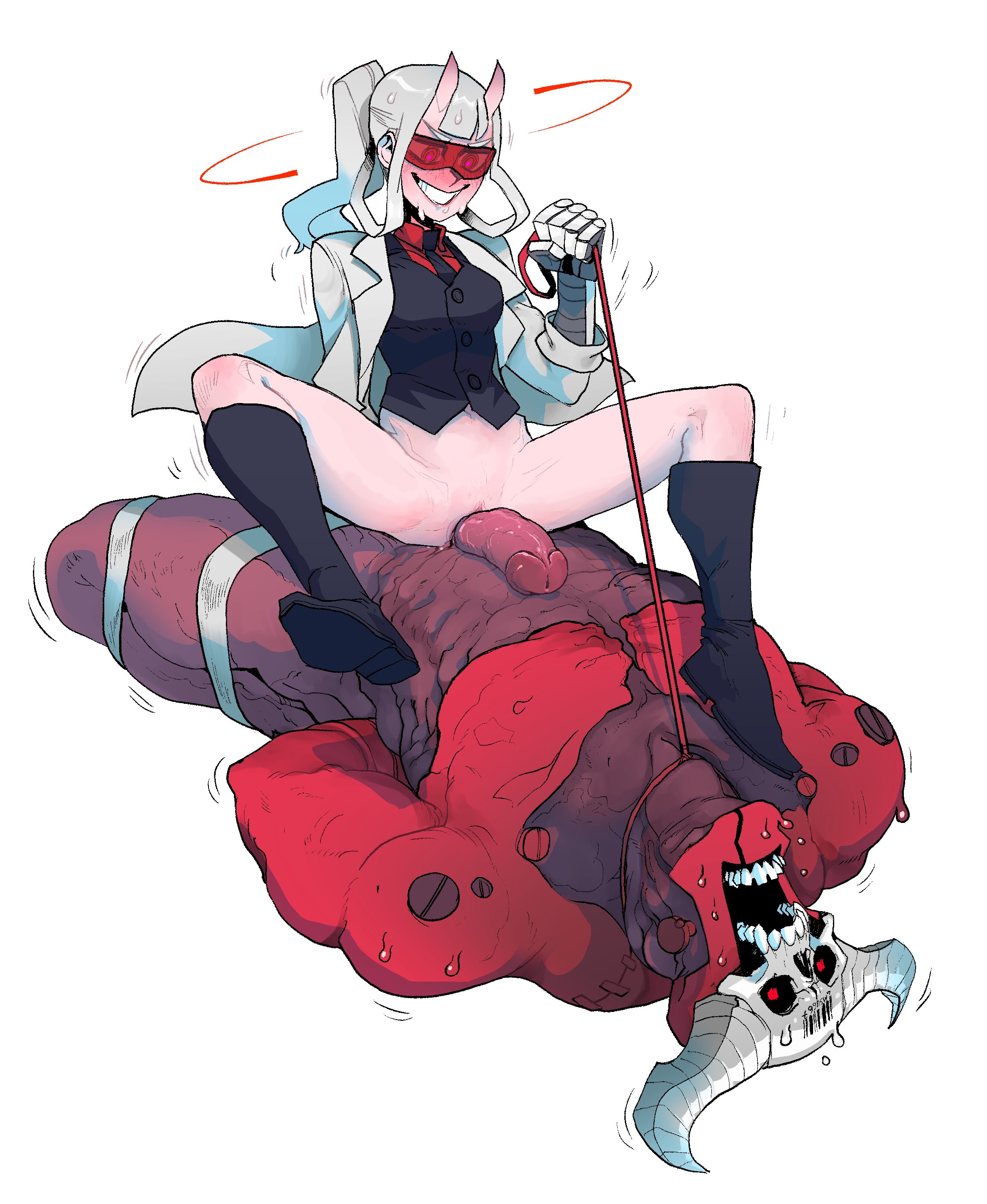 1girls, big penis, female, femdom, helltaker, horns, imminent penetration, imminent vaginal, loremaster (helltaker), male, malesub, nononojust, penis, pulling collar, pussy, red body, red skin, red-tinted eyewear, small dom big sub, subject 67 (helltaker), sunglasses, tied, tied hands, tied legs, tinted eyewear, visor, white body, white hair