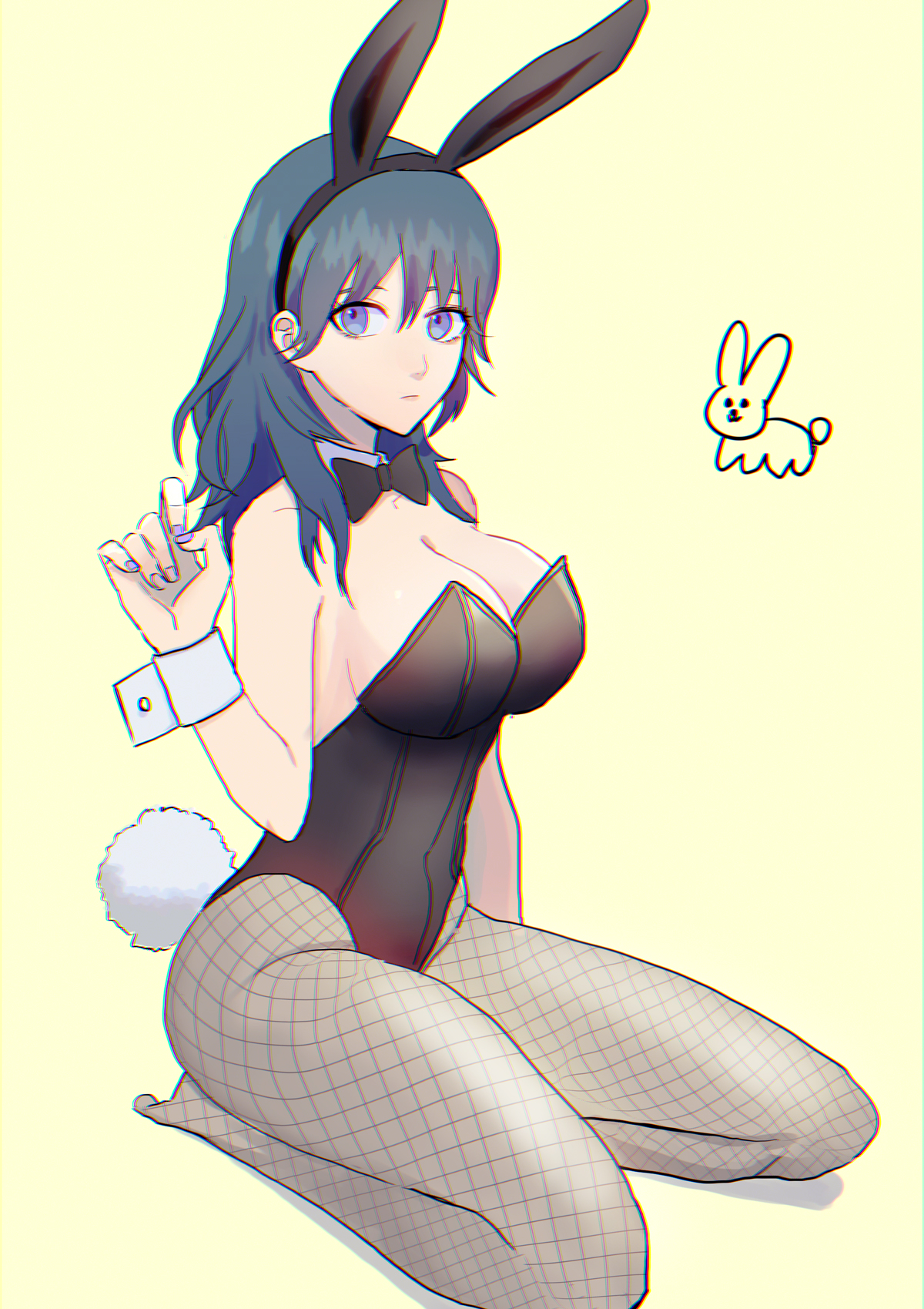 1girls, alternate costume, blue eyes, blue hair, breasts, bunny ears, bunny girl, bunnysuit, byleth (fire emblem), byleth (fire emblem) (female), cleavage, female, fire emblem, fire emblem: three houses, fishnet legwear, fishnet stockings, fishnets, looking at viewer, medium breasts, medium hair, nail polish, nintendo, on knees, purple nails, rakitarou, solo, teal hair, white skin, yellow background, yukiyanagi raki