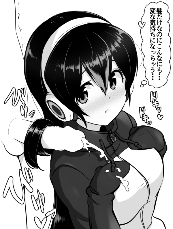 1boy black_hair blush breasts closed_mouth cum cum_on_body cum_on_breasts cum_on_clothes ejaculation female gentoo_penguin_(kemono_friends) gloves greyscale hairjob jacket kemono_friends large_breasts looking_at_penis looking_to_the_side monochrome multicolored_hair penguin_girl penis solo_focus straight thought_bubble translation_request watayoshi_(suiiho)