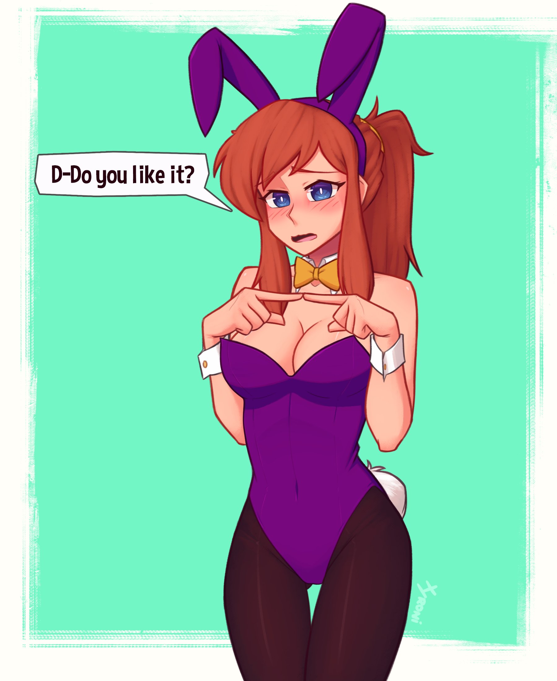 1girls, a hat in time, blue eyes, breasts, brown pantyhose, bunny ears, bunny tail, bunnysuit, cleavage, english text, female, female only, hat adult, hat kid, leotard, light skin, light-skinned female, looking at viewer, pale skin, pale-skinned female, pantyhose, red hair, revealing clothes, shy, text, xyroni