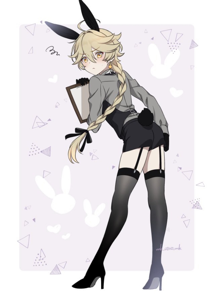 1boy, aether (genshin impact), androgynous, blonde hair, boots, booty shorts, braided hair, bunny ears, bunny tail, crossdressing, femboy, gay, genshin impact, heels, long hair, male, male focus, male only, ribbon, stockings, twink, yaoi