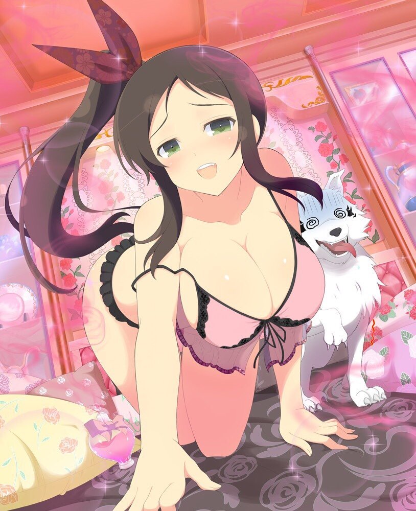 1girls @_@ accurate_art_style all_fours aphrodisiac bare_hips bare_legs bare_shoulders bed blush bra bra_pull breasts brown_hair camisole canine cleavage close-up clothes_pull dog_walking front-tie_bra green_eyes hair_ribbon hands_on_bed large_breasts legs legs_together lingerie long_hair looking_at_viewer love_potion murakumo_(senran_kagura) nails official_art open_mouth panties pillow presenting revealing_clothes ribbon senran_kagura sexually_suggestive side_ponytail sideboob smile thick_thighs thighs underwear yaegashi_nan