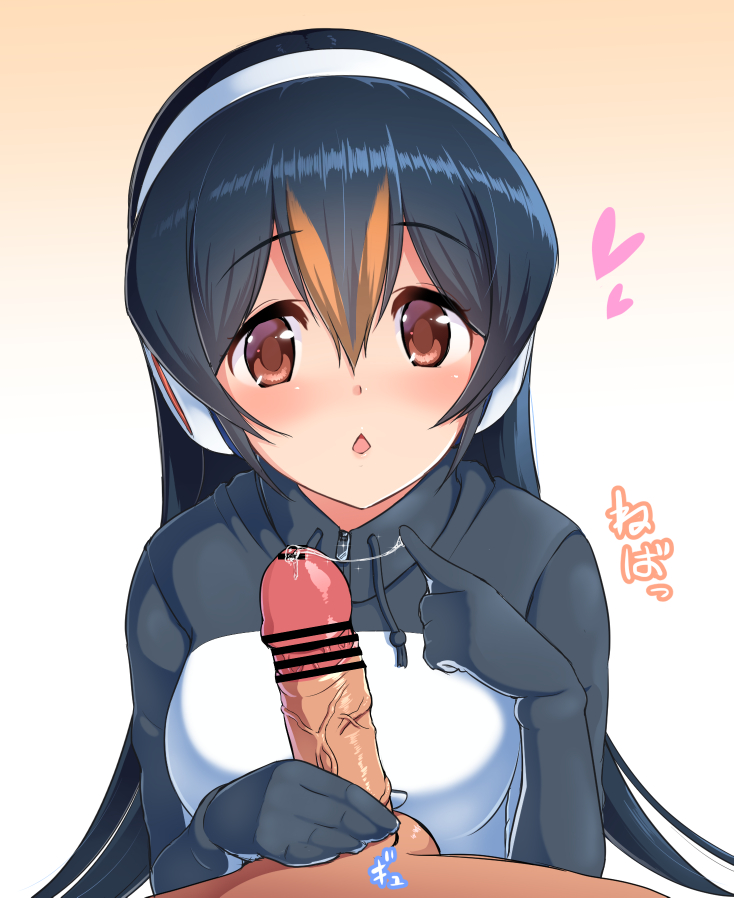 1boy bangs bar_censor black_hair blush breasts brown_eyes censored cum cum_string erection eyebrows_visible_through_hair female gentoo_penguin_(kemono_friends) gloves handjob headphones heart hood hoodie kemono_friends large_breasts long_hair looking_at_viewer multicolored_hair open_mouth penguin_girl penis pov precum solo_focus straight translation_request watayoshi_(suiiho)