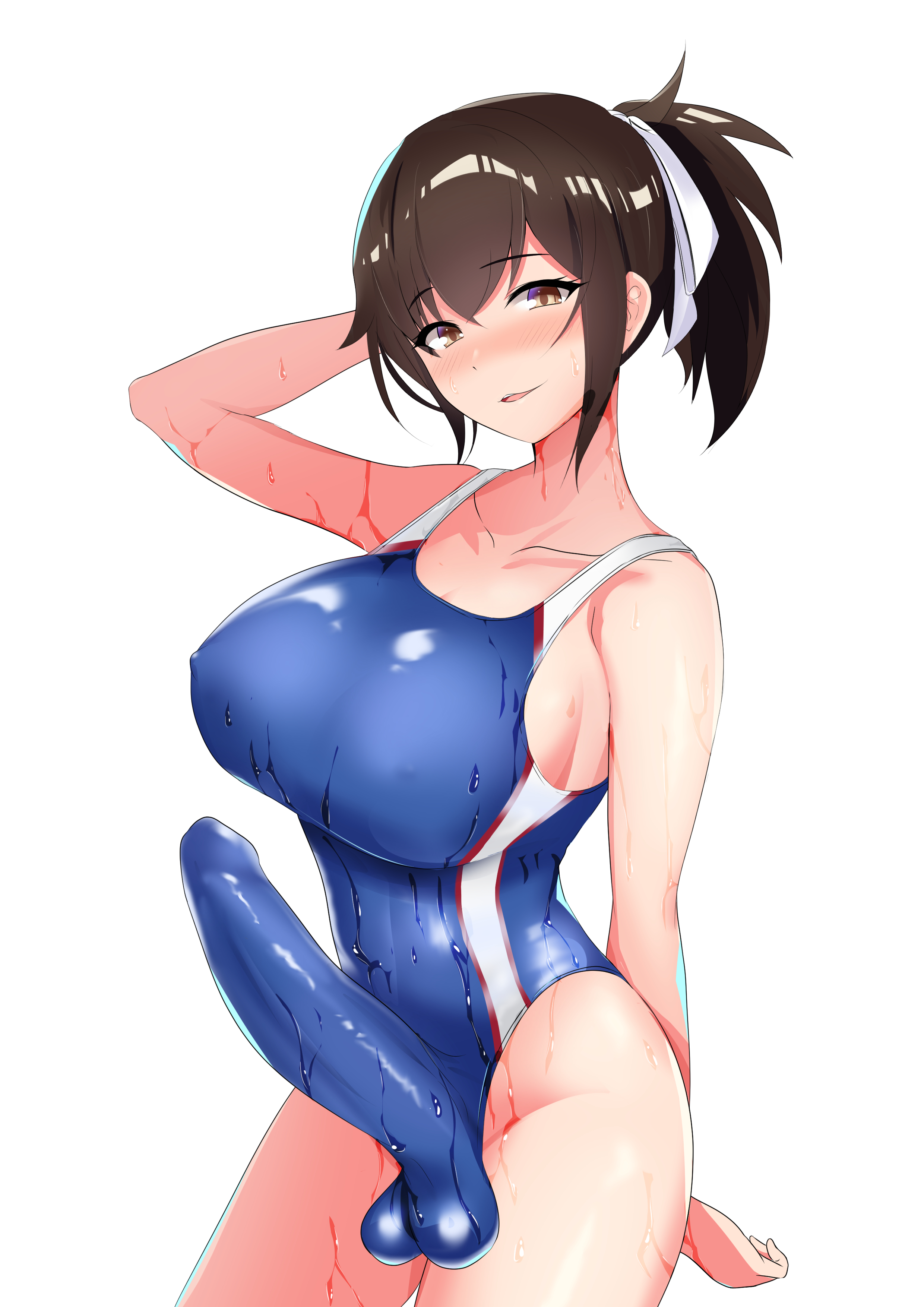 1futa, absurdres, arm up, artist request, balls, big breasts, big penis, blonde eyebrows, blush, bow, breasts, brown eyes, brown hair, bulge, clothed, clothing, collarbone, erection, erection under clothes, eyebrows visible through hair, futa only, futanari, hair between eyes, hair bow, hair ribbon, highres, huge penis, human, impossible clothes, impossible swimsuit, intersex, large breasts, light skin, light-skinned futa, looking at viewer, pale skin, parted lips, partially clothed, penis, ponytail, ribbon, simple background, solo, standing, swimsuit, testicles, wet, wet clothes, wet swimsuit, white background, white ribbon