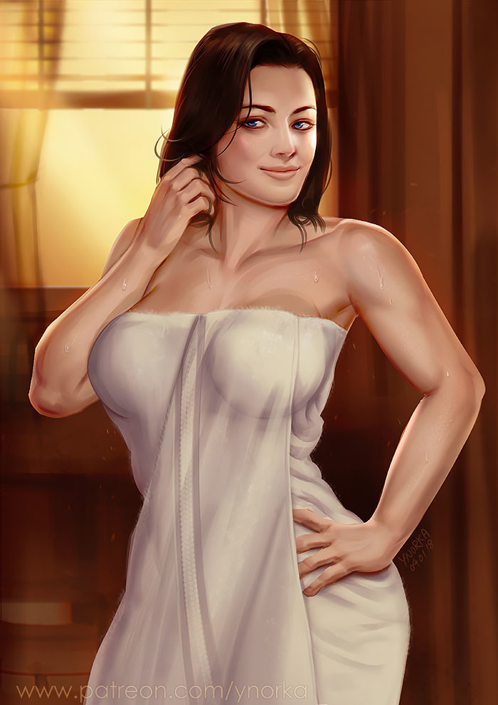 1girls female female_only mass_effect miranda_lawson solo tagme towel ynorka