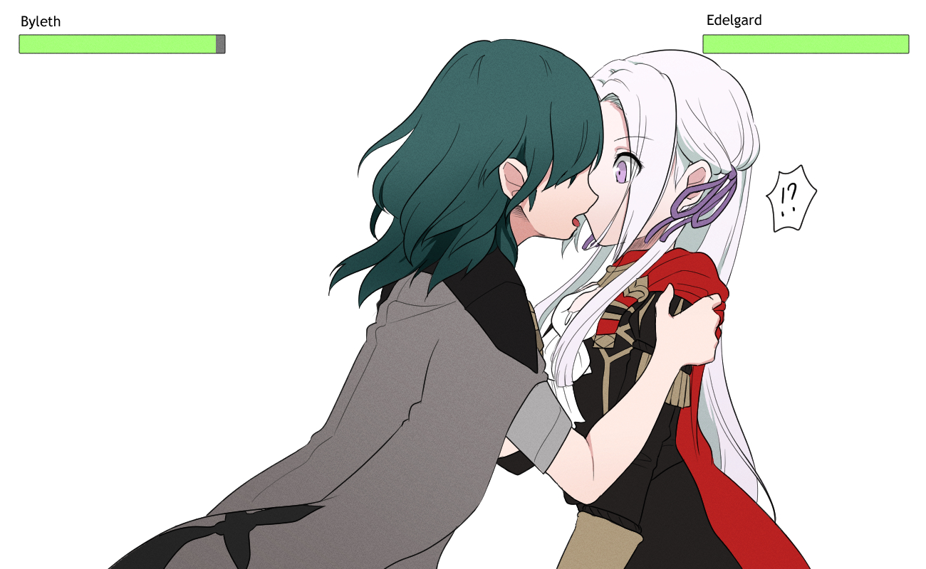 2girls, assertive, byleth (fire emblem), byleth (fire emblem) (female), edelgard von hresvelg, female, female only, femdom, fire emblem, fire emblem: three houses, fr0zennnnnnet, gentle femdom, health bar, kiss, kissing, medium hair, multiple females, multiple girls, nieto tokage, nintendo, purple eyes, stats, teal hair, white background, white hair, wholesome, yuri