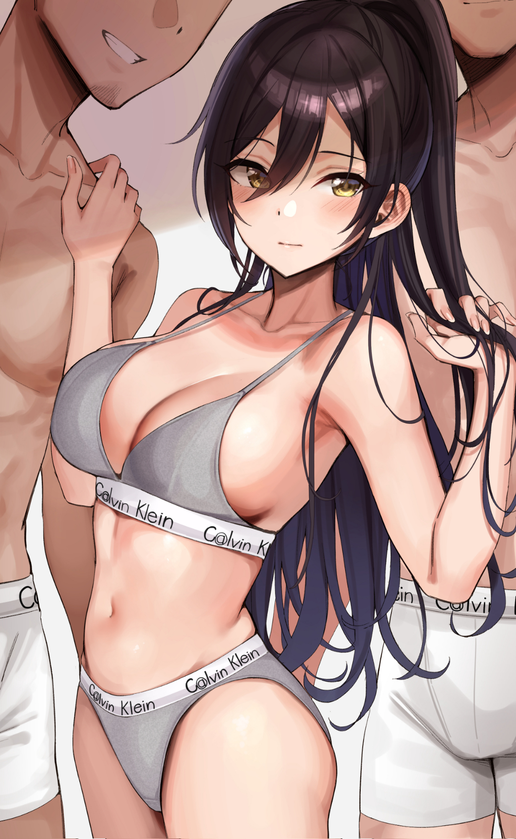 2boys bare_shoulders black_hair blush boxers bra breasts calvin_klein clavicle cleavage female grey_bra grey_panties group hair_between_eyes high_ponytail high_resolution idolmaster large_breasts long_hair looking_at_viewer male mirei mirei_(artist) multiple_boys navel panties pantsu pixiv ponytail shirase_sakuya tagme the_idolm@ster:_shiny_colors thighs tied_hair trio underwear yellow_eyes