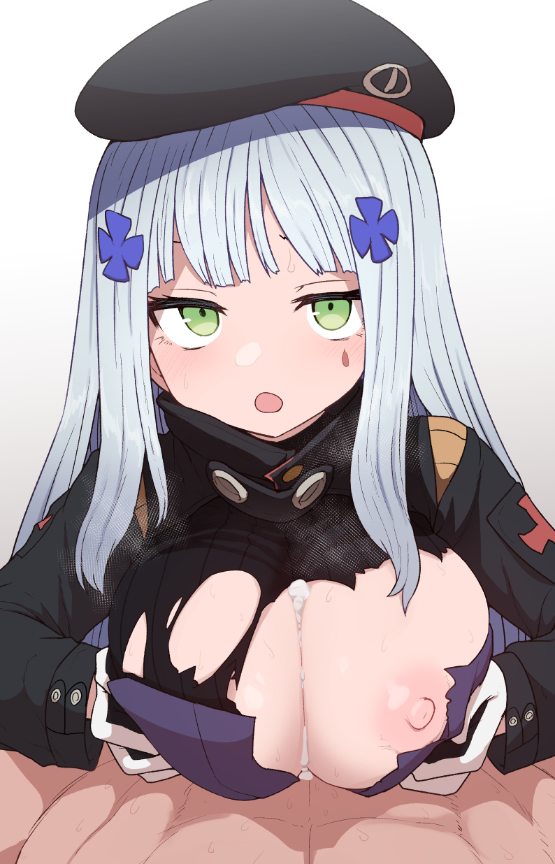 1boy bangs beret breast_squeeze breasts cum cum_on_body cum_on_breasts facial_mark female girls'_frontline gloves green_eyes hair_ornament hat highres hk416_(girls'_frontline) large_breasts long_hair long_sleeves looking_at_viewer nipples open_mouth paizuri pov silver_hair simple_background solo_focus straight sumiyao_(amam) torn_clothes torn_jacket white_background