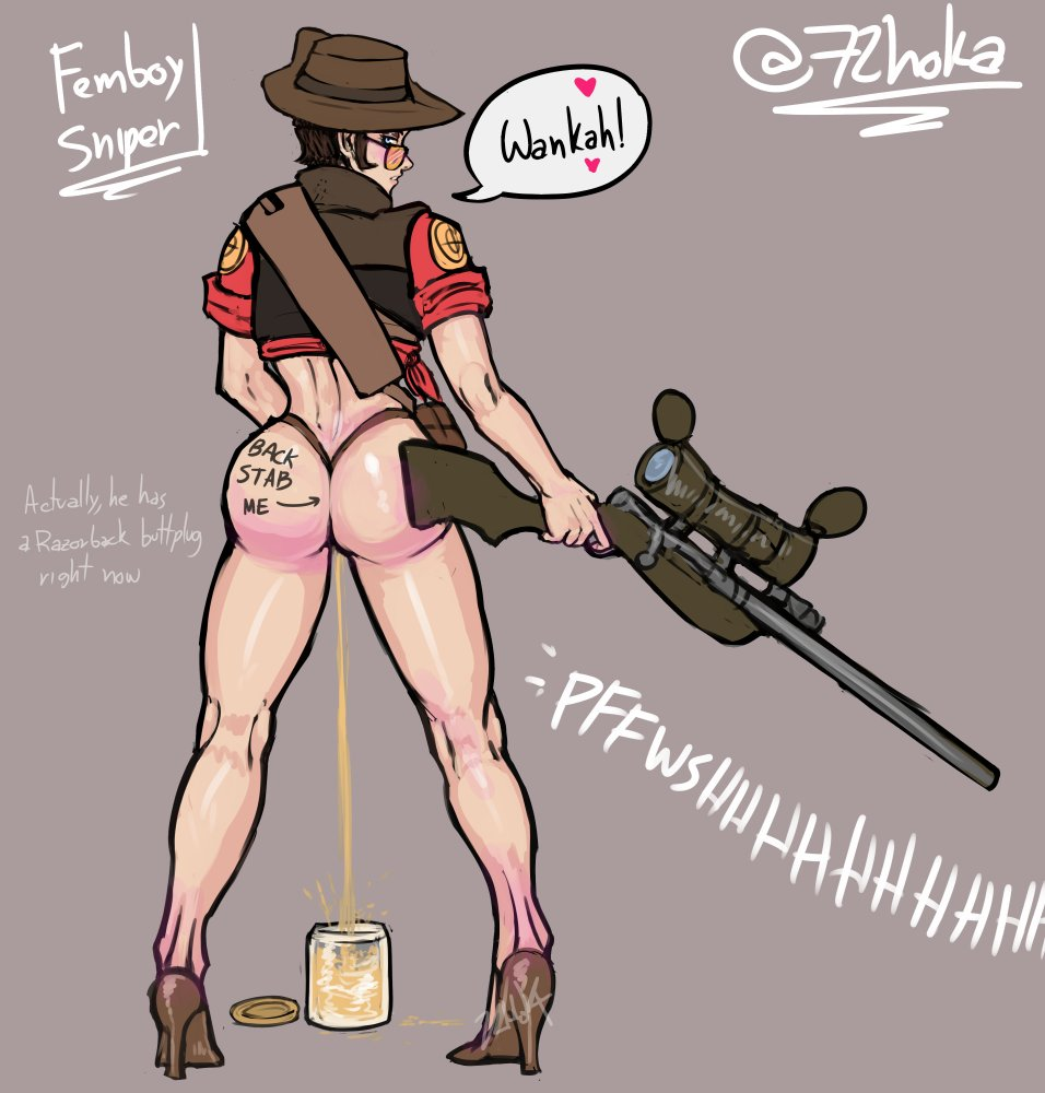 1boy 72hoka blush cute femboy feminine feminine_body hat high_heels jarate male male_only peeing rifle single_girl sniper sniper_(team_fortress_2) sniper_rifle solo team_fortress_2 tf2 urine