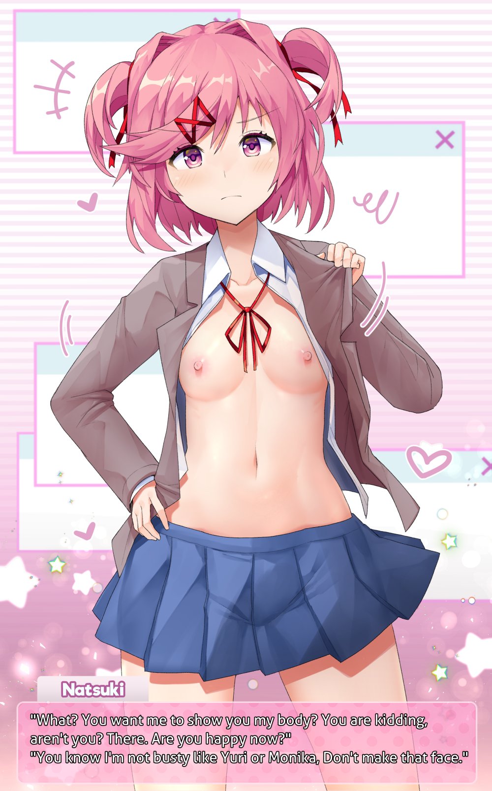 1girls accessory areola areolae blue_skirt blush blushing_at_viewer breasts clothed clothing ddlc_text_box dialogue dialogue_box doki_doki_literature_club english_text female female_only female_solo fit fit_female hair_accessory hair_intakes hair_ornament hair_ribbon hairclip hand_on_hip human light-skinned_female light_skin long_sleeves looking_at_viewer matching_hair/eyes motion_lines movement_lines natsuki_(doki_doki_literature_club) navel nipples no_bra partially_clothed petite pink_eyes pink_hair pleated_skirt portrait presenting presenting_body presenting_breasts ribbons school_uniform schoolgirl short_hair sinensian skirt slim small_breasts solo solo_female standing talking talking_to_viewer text thighs three-quarter_portrait tied_hair tsundere twintails