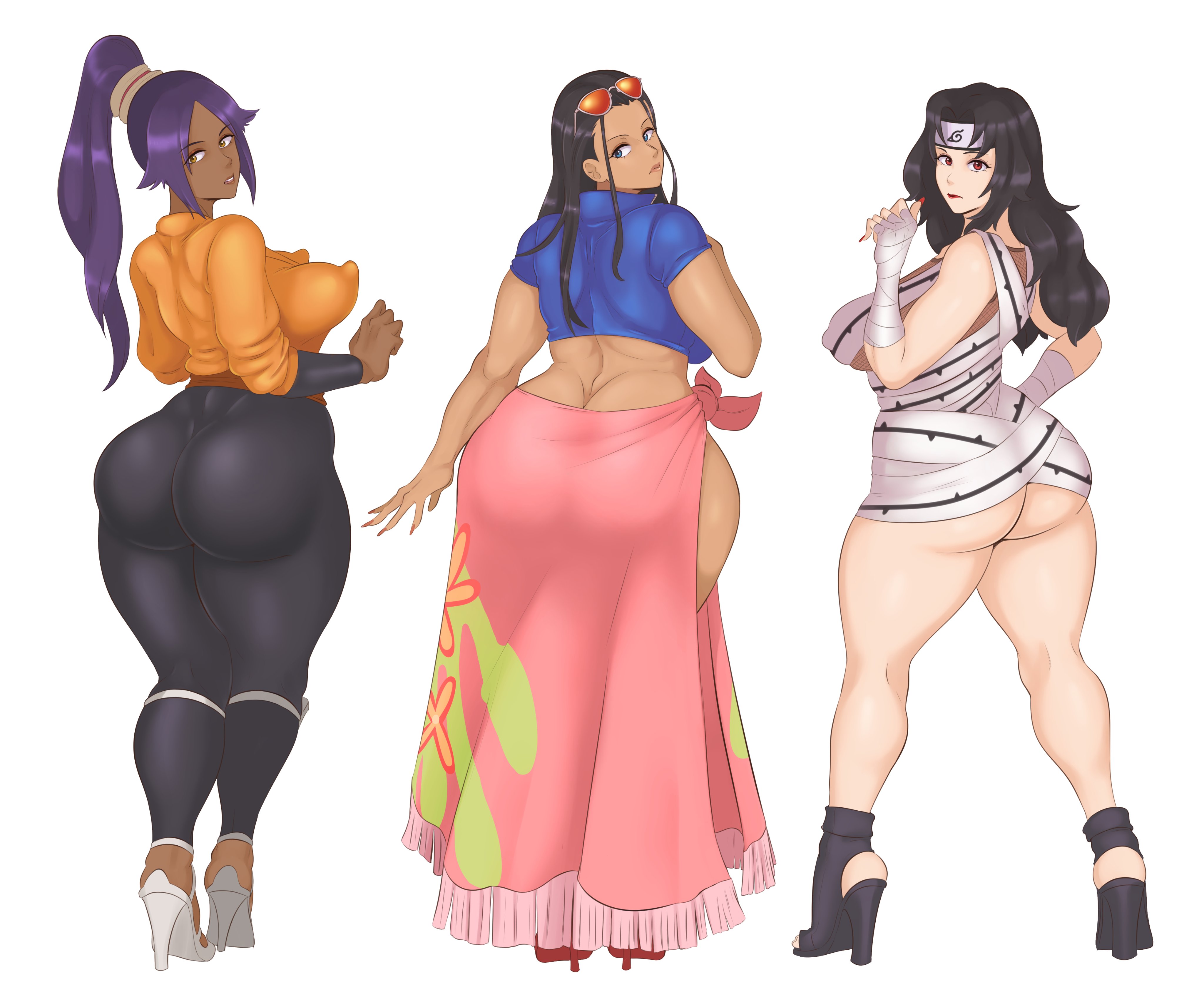3girls, ass, ass cleavage, ass crack, ass focus, ass in dress, big ass, big breasts, big butt, black hair, bleach, bottom heavy, breasts, bubble butt, busty, butt crack, crossover, curvy, curvy figure, dark skin, dark-skinned female, eyewear on head, fat ass, female, female only, high heels, kurenai yuhi, large ass, large breasts, leggings, long hair, naruto, naruto (series), naruto shippuden, nico robin, one piece, presenting ass, presenting hindquarters, purple hair, sarong, shihouin yoruichi, standing, sunglasses, sunglasses on head, sunnysundown, thick ass, thick thighs, thighs, tight clothing, venus body, voluptuous, wide hips, yuuhi kurenai