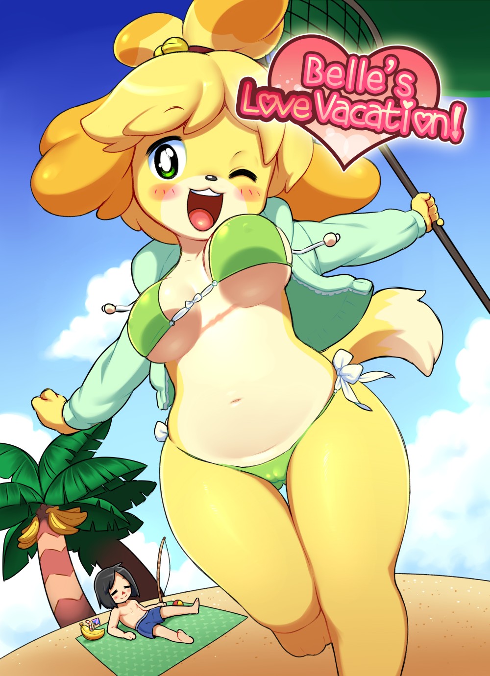 1boy 1girls 2013 animal_crossing anthro banana beach bikini black_nose blush breasts camel_toe canid canine canis closed_eyes clothed clothing cloud collaboration comic cover cover_art cover_page domestic_dog doujinshi duo english_text female female_focus food fruit fruit_tree green_eyes hi_res human isabelle_(animal_crossing) looking_at_viewer male mammal manga navel neocoill nintendo on_towel one_eye_closed open_mouth outside pitaya_(artist) plant rinfu seaside shih_tzu sky solo_focus swimwear teeth text tongue towel toy_dog tree video_games wide_hips