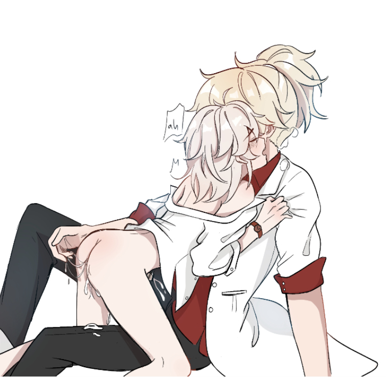 ass, ass up, black pants, blush, closed eyes, cum dripping, cum in ass, cum on body, cum on fingers, fingering, gay, genshin impact, half-dressed, huffing, kaedehara kazuha, long hair, male, male only, ponytail, tomo (genshin impact), white shirt, yaoi
