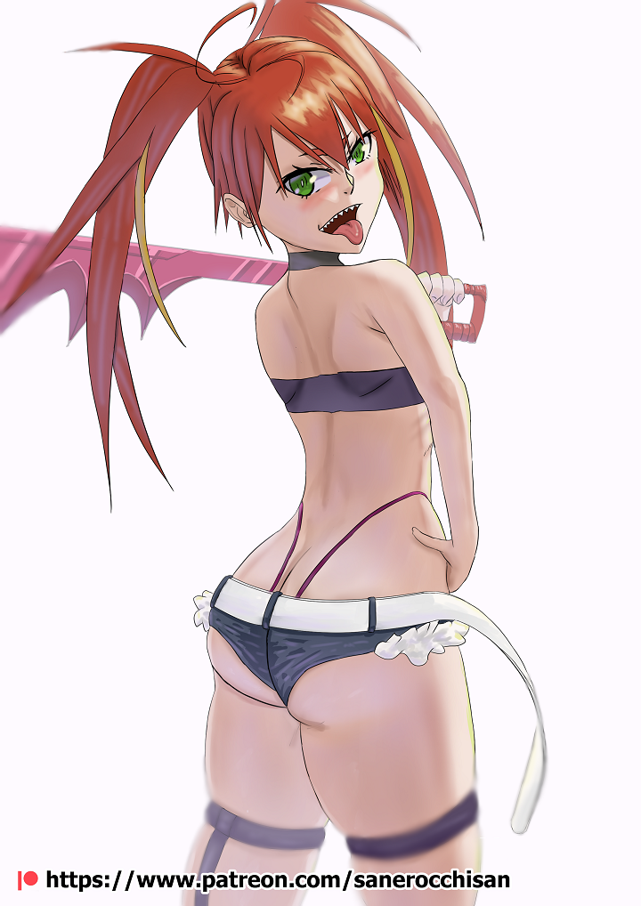 1girls ass bandeau big_ass blush bubble_butt dat_ass hand_on_hip kyuukyoku_shinka_shita_full_dive_rpg_ga_genjitsu_yori_mo_kusoge_dattara looking_at_viewer looking_back mizarisa naughty_face pose red_hair sanerocchisan shorts sword teeth thong tongue tongue_out twintails