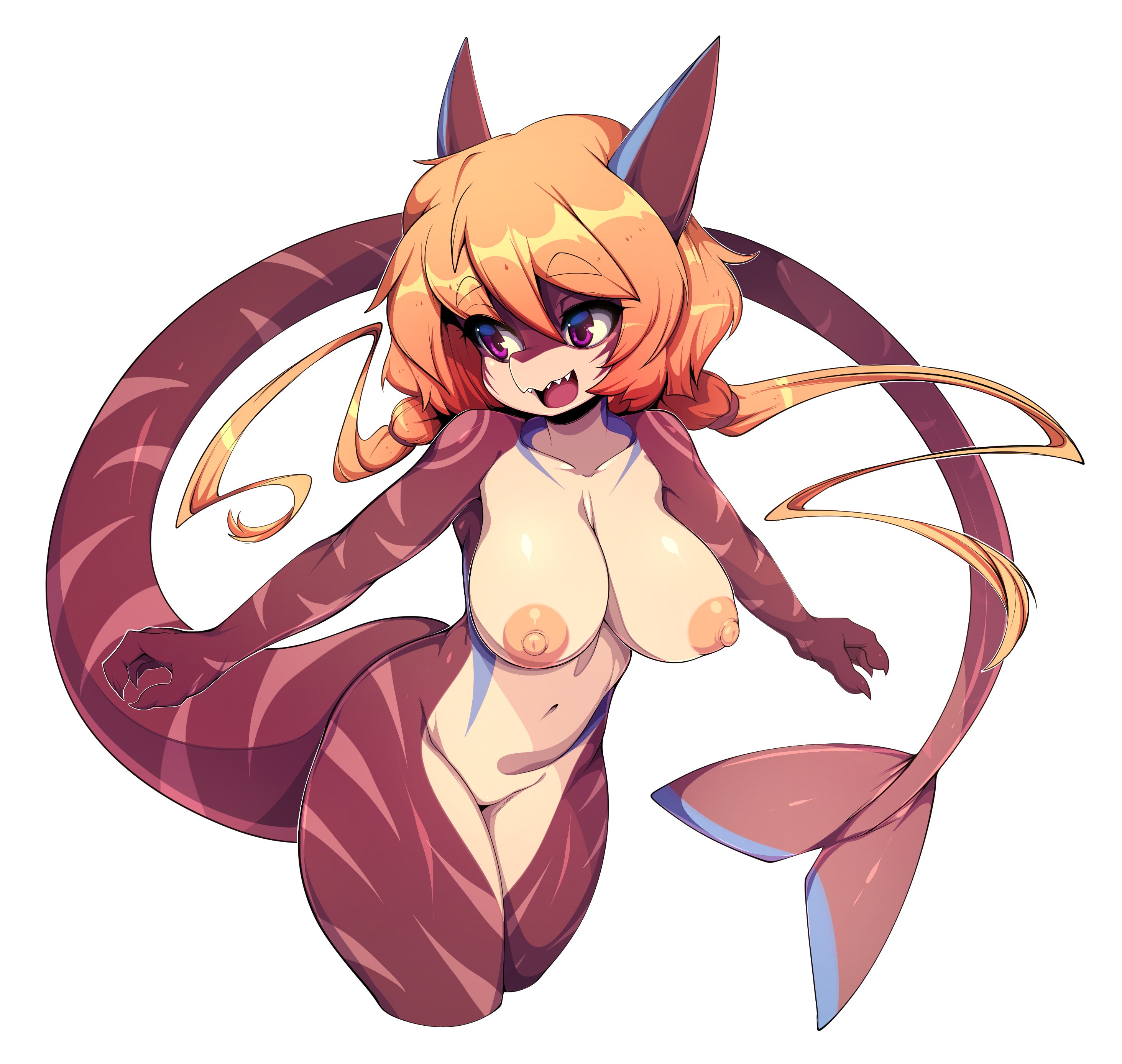 :d, absurdres, animal ears, breasts, commentary, completely nude, english commentary, eyebrows visible through hair, female, furry, furry female, highres, large breasts, long hair, looking to the side, low twintails, navel, nipples, nude, open mouth, orange hair, original, red eyes, sharp teeth, simple background, slugbox, smile, solo, tail, teeth, thick eyebrows, thighs, twintails, white background