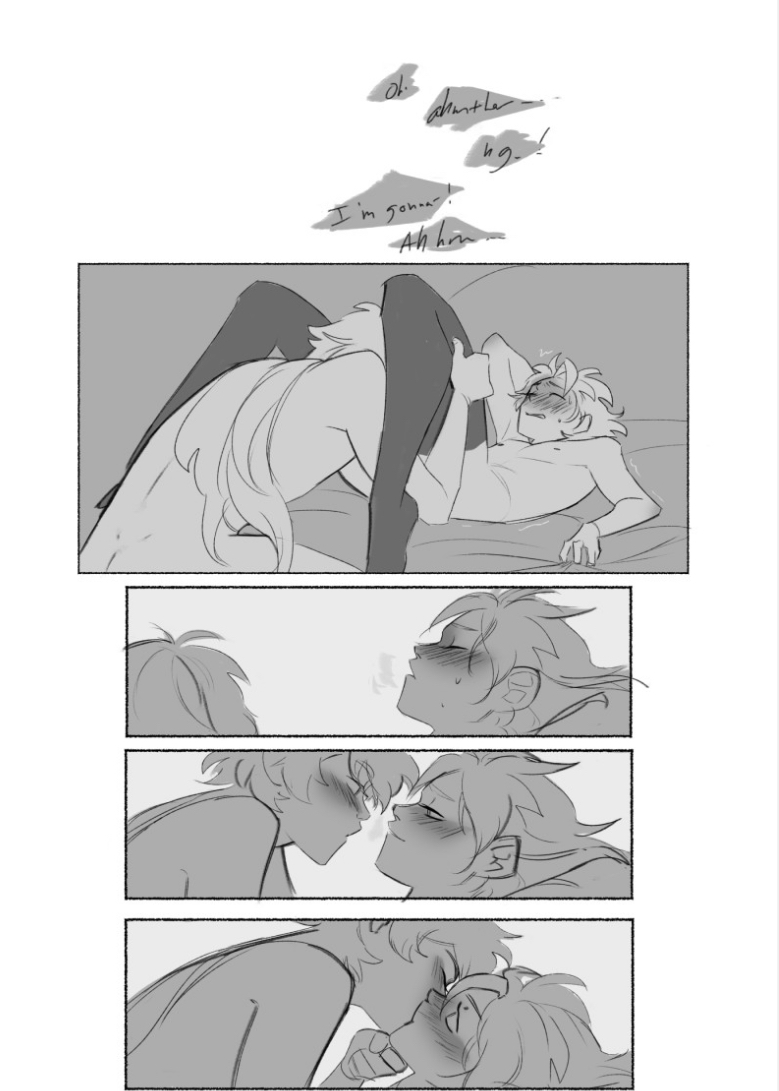 aether (genshin impact), albedo (genshin impact), artist request, bed, black stockings, blush, fellatio, genshin impact, huffing, kissing, long hair, male, male only, naked, nipples, oral, part 1, stockings, sweat, thigh grab, yaoi