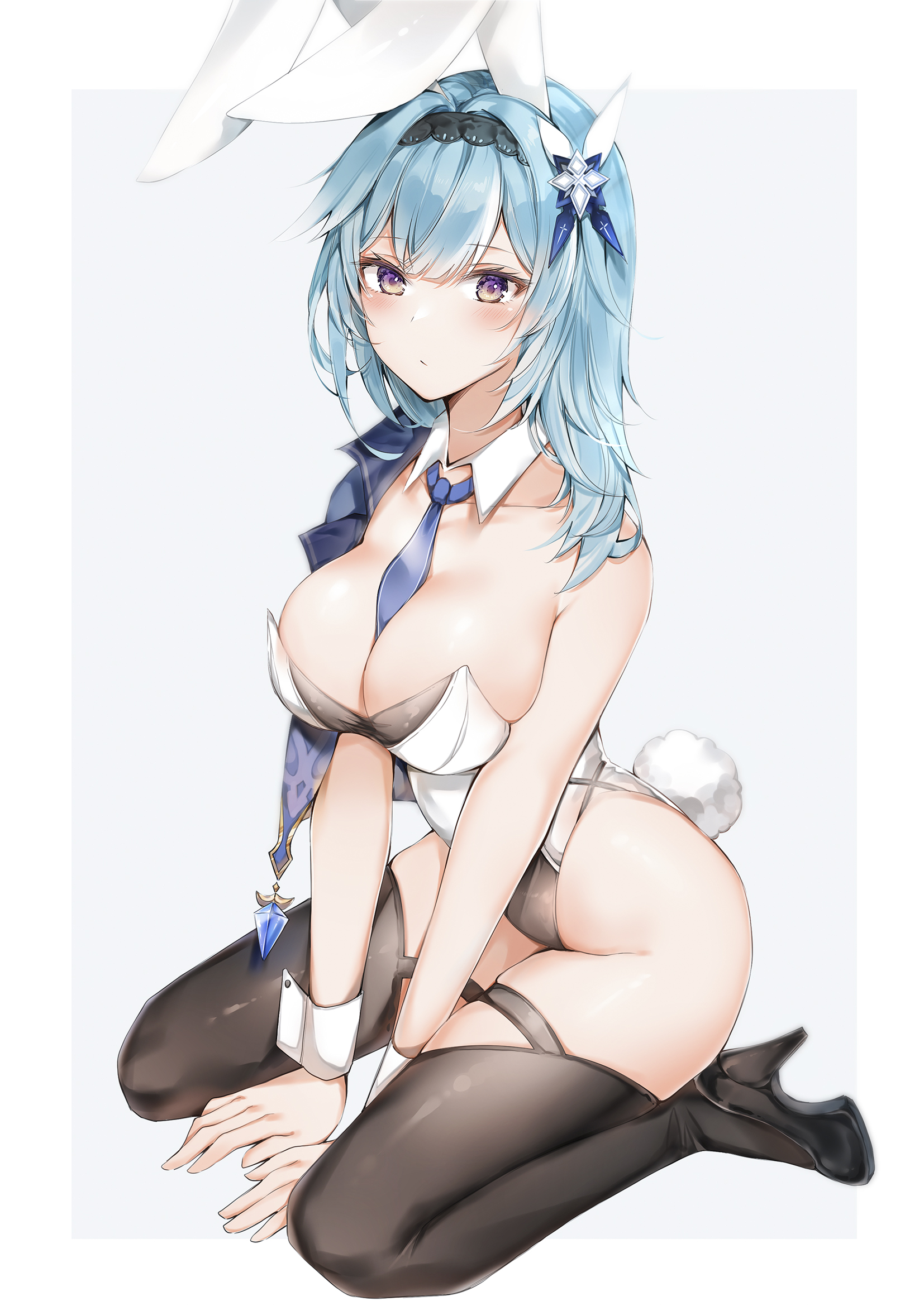 1girls, big breasts, black legwear, blue hair, breasts, bunny ears, bunny girl, bunny tail, bunnysuit, eula (genshin impact), female, genshin impact, heels, high heels, kneeling, thighhighs, yukineko1018