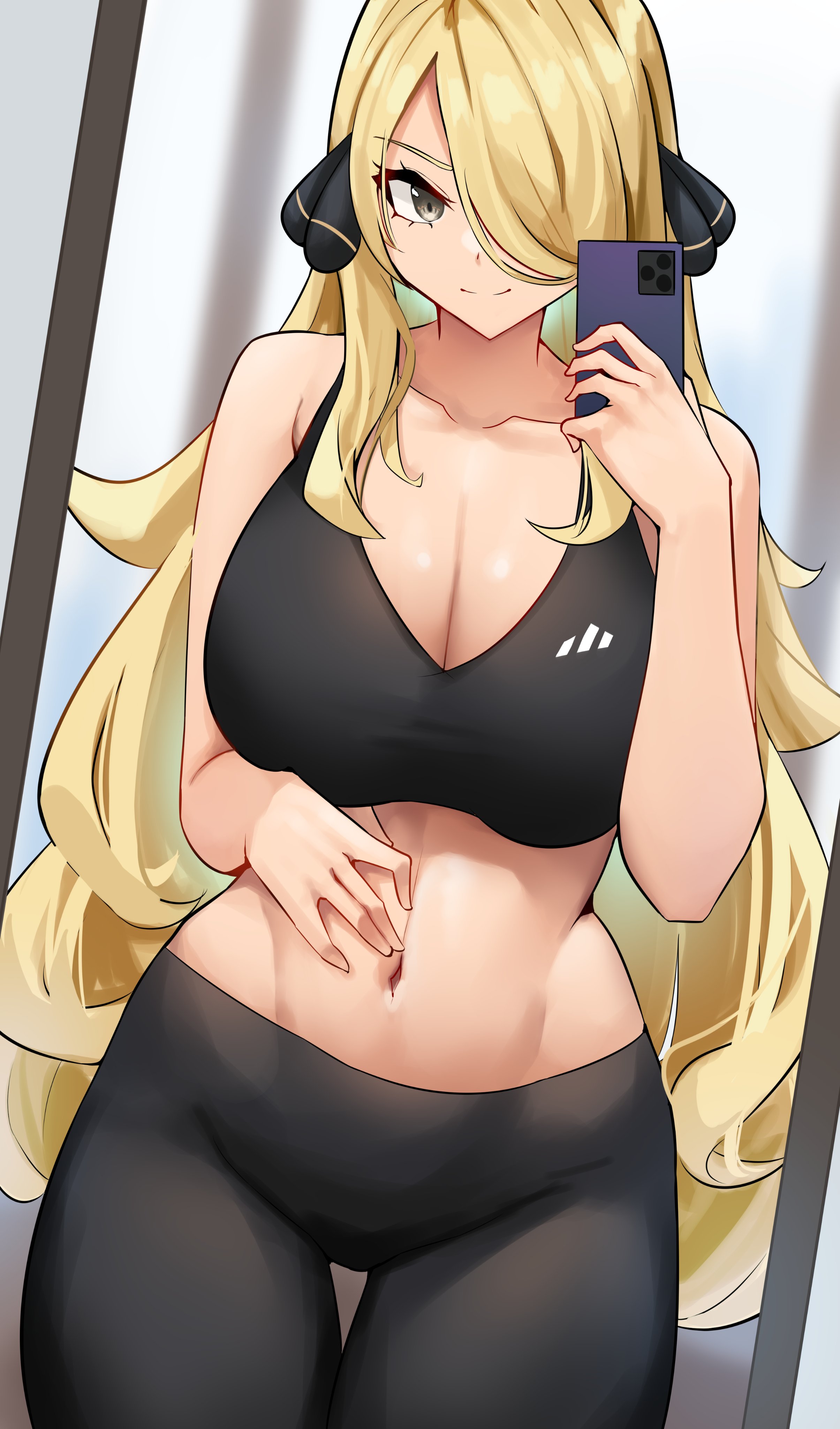 1girls, big breasts, blonde hair, breasts, busty, child bearing hips, cleavage, cromwellb, cynthia (pokemon), female, female only, fully clothed, grey eyes, hair over one eye, huge breasts, mature, mature female, midriff, mirror, navel, pokemon, pokemon dppt, smartphone, smile, sports bra, taking picture, thick thighs, voluptuous, wide hips