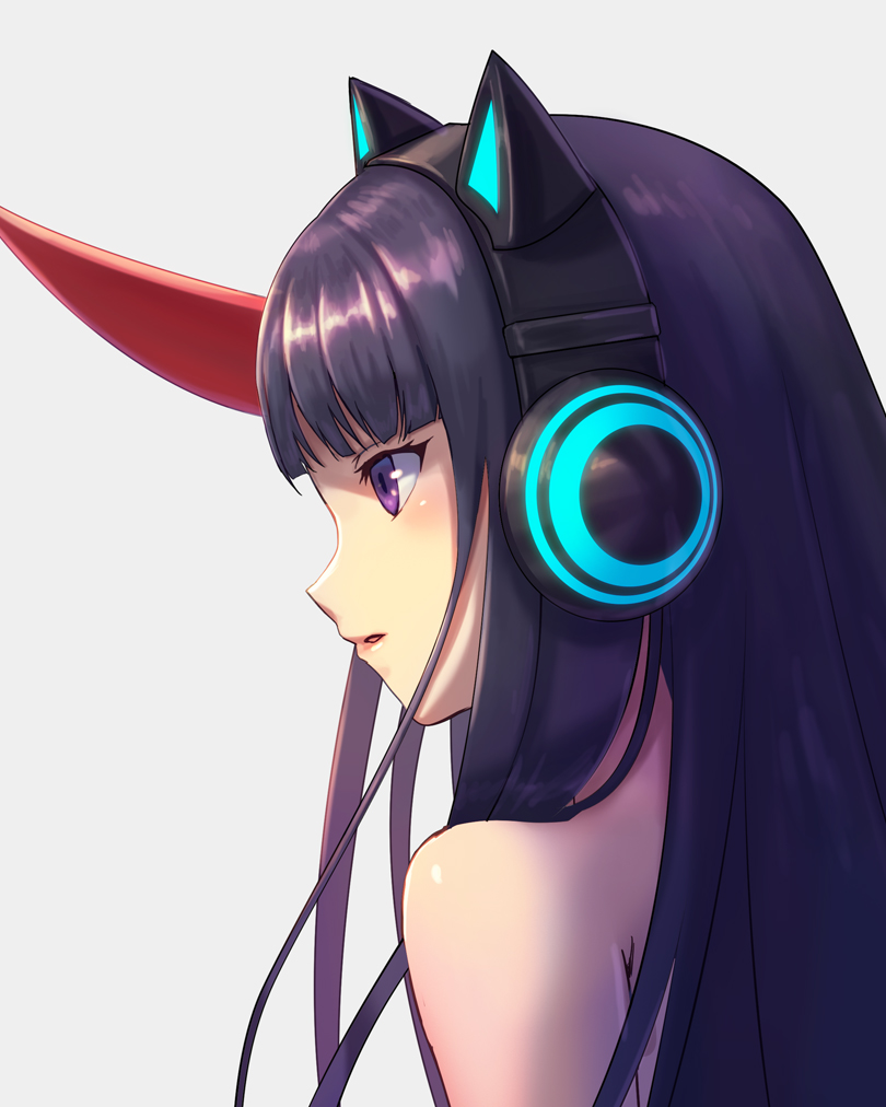 animal_ear_headphones bangs bare_shoulders black_hair blunt_bangs cat_ear_headphones fake_animal_ears female flcl flcl_progressive gray_background headphones hidomi_hibajiri horn long_hair purple_eyes side_view solo tagme upper_body