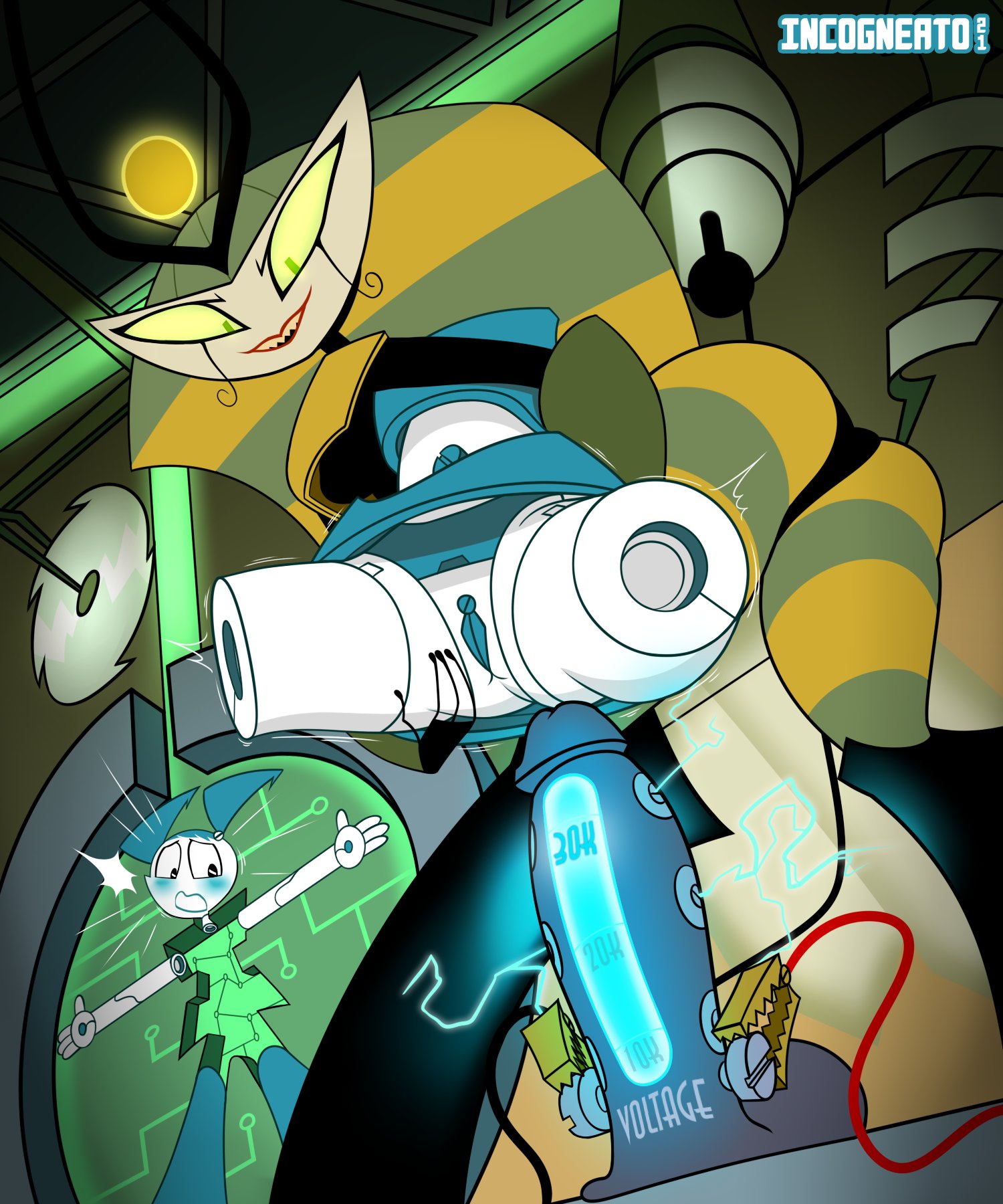 anthro, assisted exposure, dildo, disembodied head, electric dildo, electricity, female, imminent penetration, incogneato, jenny wakeman, my life as a teenage robot, queen vexus, robot, shocked, smooth skin, stuck in wall, vexus, xj-9