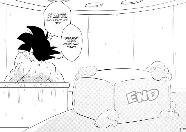 1boy, 1girls, bathing, bulma briefs, comic, dialogue, dragon ball, dragon ball super, dragon ball z, english text, female, funsexydragonball, male, male/female, monochrome, muscular, muscular male, nude, nude female, nude male, page 15, saiyan, shounen jump, son goku