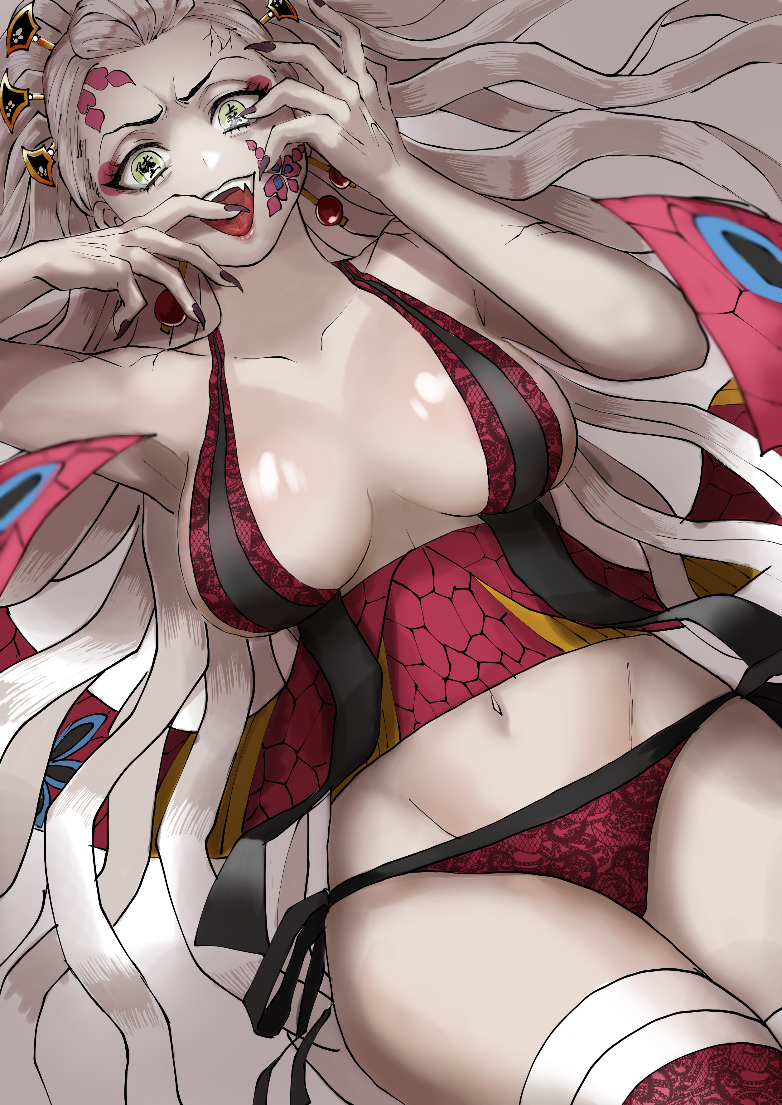 big breasts, breasts, daki (kimetsu no yaiba), demon, demon girl, demon slayer, donki (dnkfuaka1), facial markings, fangs, female, female only, finger to mouth, green eyes, hair ornament, hourglass figure, kimetsu no yaiba, lingerie, long hair, looking at viewer, obi, open mouth, pale skin, revealing clothes, sharp fingernails, side-tie panties, sideboob, smile, solo, thighhighs, tongue, tongue out, unusual anatomy, unusual eyes, unusual pupils, very long hair, white hair, wide hips
