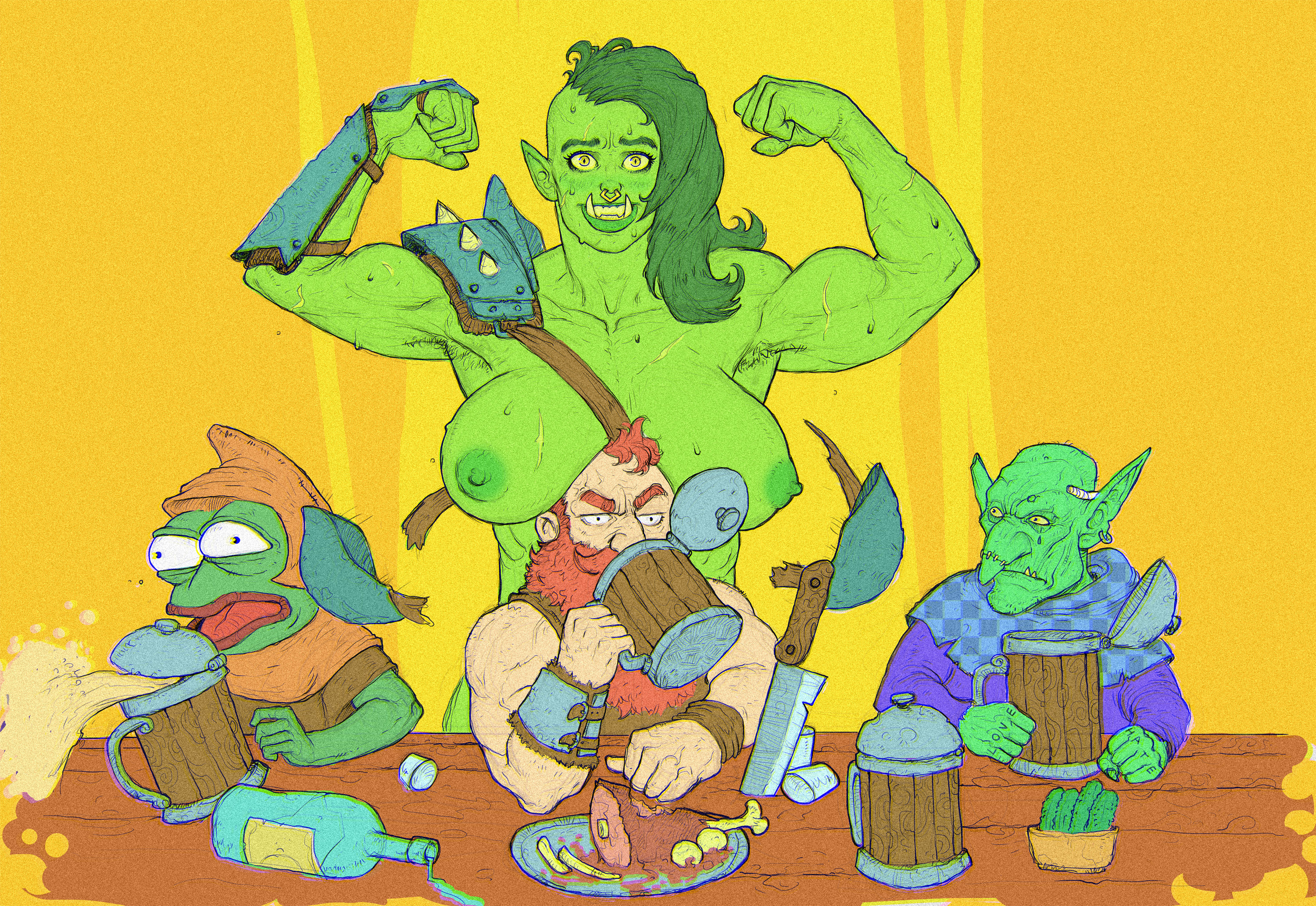 1girls, armor, armpit hair, armpits, beer, beer mug, big breasts, breasts, busty, doodle, dwarf, embarrassed, embarrassed nude female, fantasy, female, female orc, fit, fit female, flexing, functionally nude, funny, goblin, goblin male, green body, green nipples, green skin, hairy armpits, head between breasts, hi res, justsomenoob, large breasts, male, meme, muscles, muscular, muscular female, naked, nipples, nude, oc, orc, orc female, original character, pepe the frog, pointy ears, shaved side, side shave, sketch, strong, sweat, sweatdrop, sweating, tavern, tusks, veins, veiny muscles, wardrobe malfunction, yellow eyes