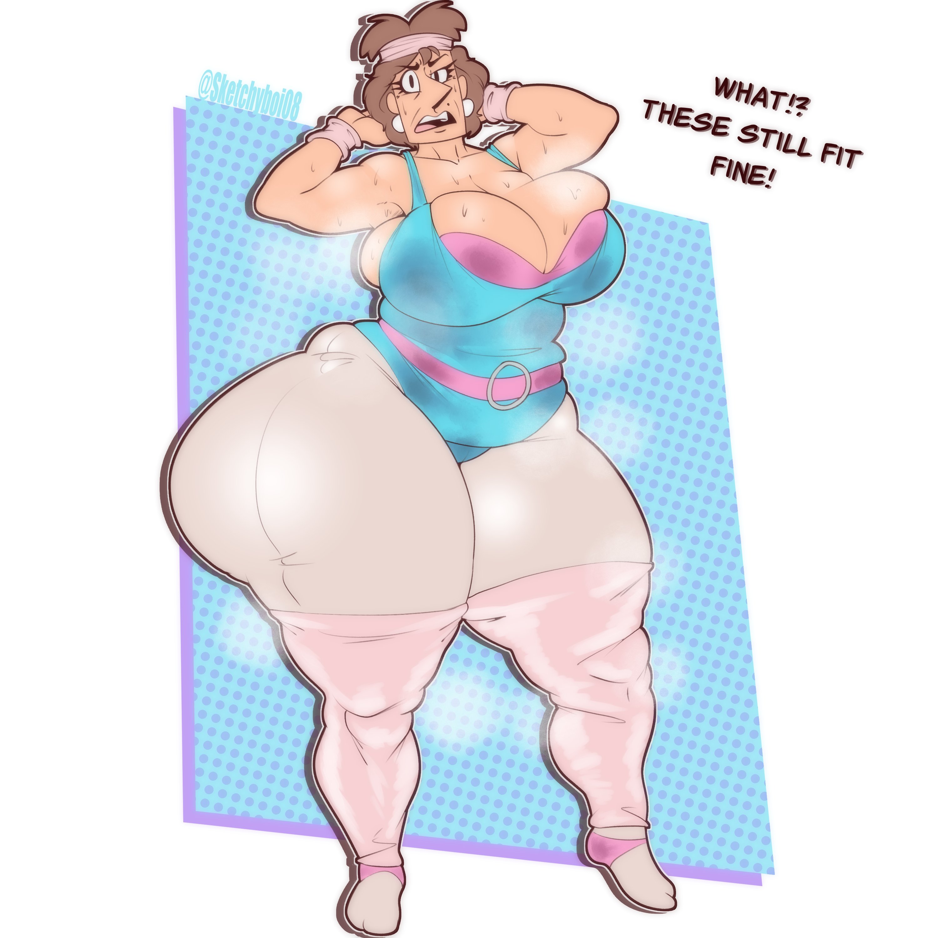 1girls, armband, ass, big ass, big breasts, bra, breasts, curvy, doughy ass, exercise, female, female only, headband, karen, karen (sketchyboi08), leotard, milf, short hair, simple background, sketchyboi08, solo, solo female, sweat, thick, thick thighs, voluptuous, wide hips, workout clothes, yoga pants