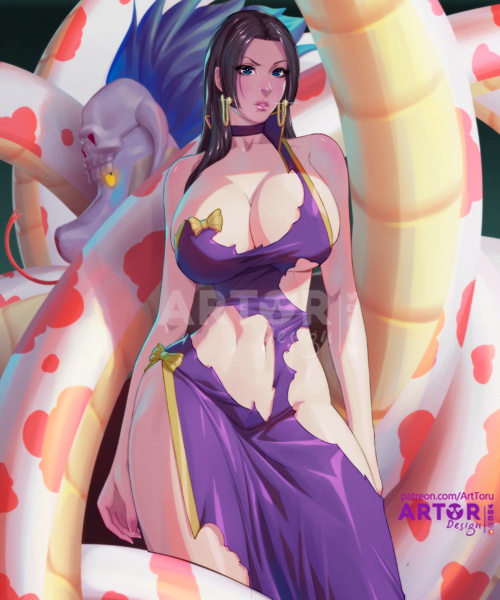 1girls, animal, arttoru, black hair, black-haired female, blue eyes, boa hancock, breasts, female, female focus, female only, huge breasts, long hair, one piece, torn clothes, voluptuous
