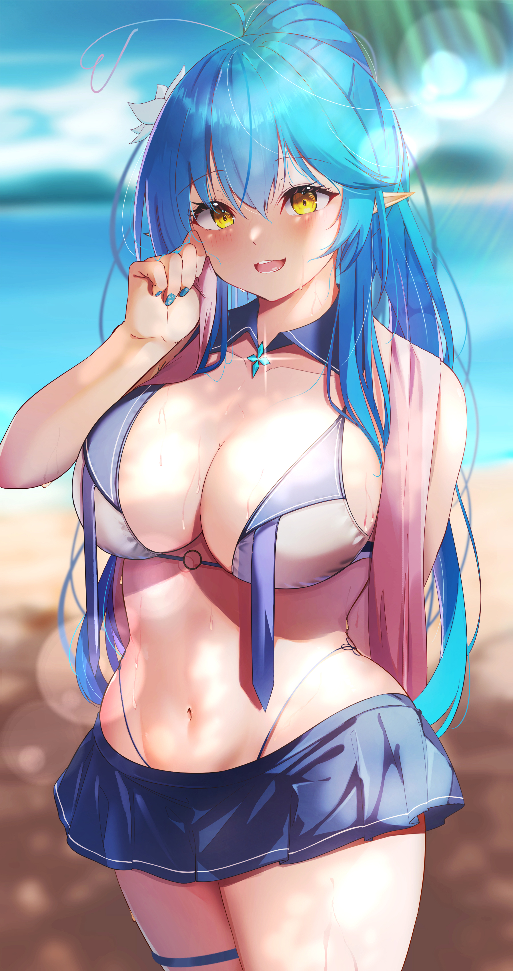 1girls, aqua hair, arm behind back, arm up, beach, belly, big breasts, blue hair, blue miniskirt, blue nails, blue skirt, blush, breasts, cleavage, colored nails, covered nipples, covered pussy, eyebrows, eyebrows visible through hair, eyelashes, female, female focus, female only, fingernails, hair flower, highleg, hololive, hololive gen 5, hololive japan, huge breasts, long hair, miniskirt, nail art, nail polish, navel, open mouth, pointy ears, pussy, sanasedayo, sea, seaside, skirt, solo, solo female, solo focus, standing, stomach, sweat, sweatdrop, swimsuit, swimwear, thick thighs, thighs, thin eyebrows, virtual youtuber, wide hips, yellow eyes, yukihana lamy
