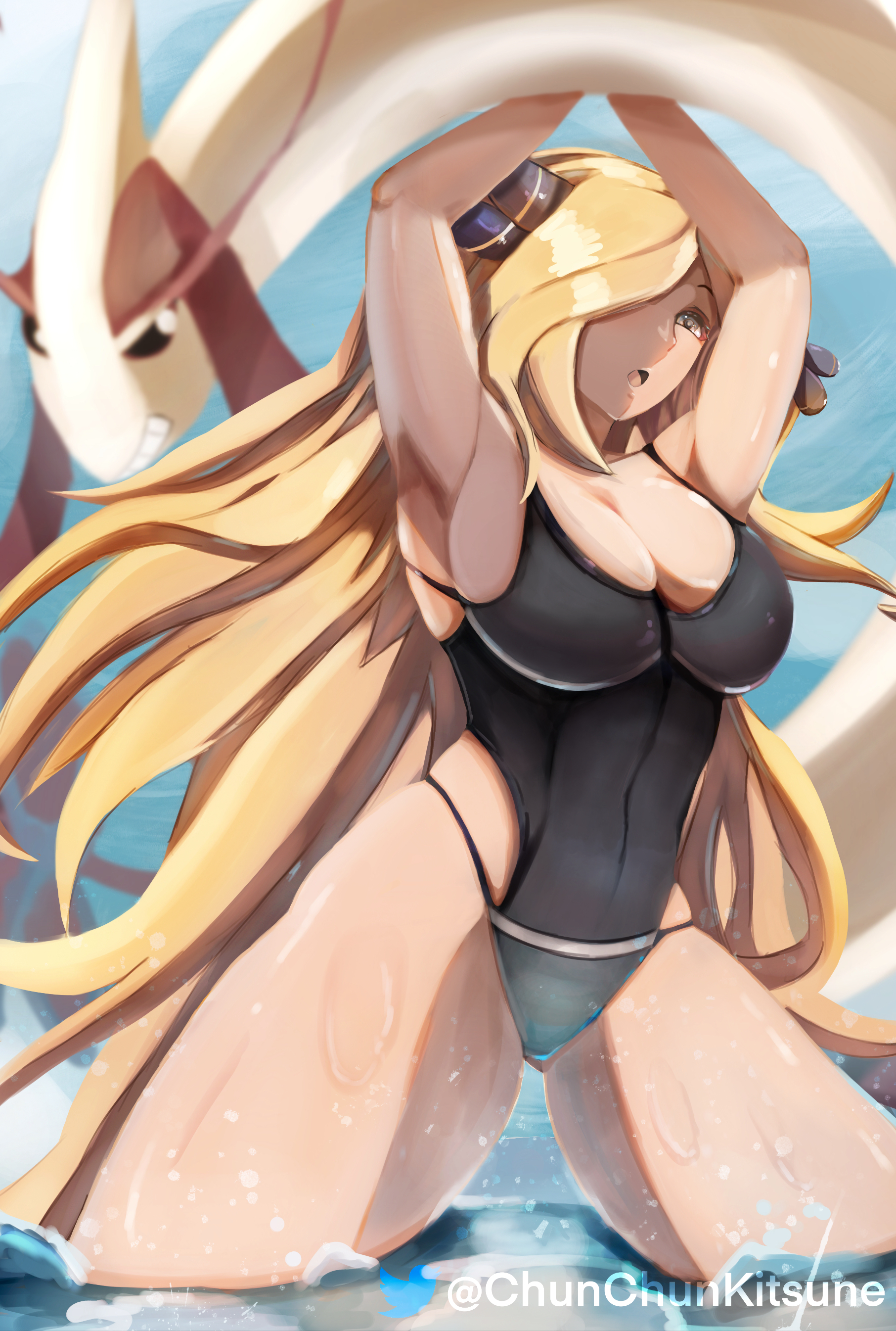 1girls, alternate costume, black swimsuit, blonde hair, breasts, chunchunkitsune, cleavage, cynthia (pokemon), female, grey hair, grin, hair over one eye, huge breasts, human, looking at viewer, milotic, nintendo, one-piece swimsuit, open mouth, pokemon, sleesart, solo focus, swimsuit, thick thighs, very long hair, voluptuous