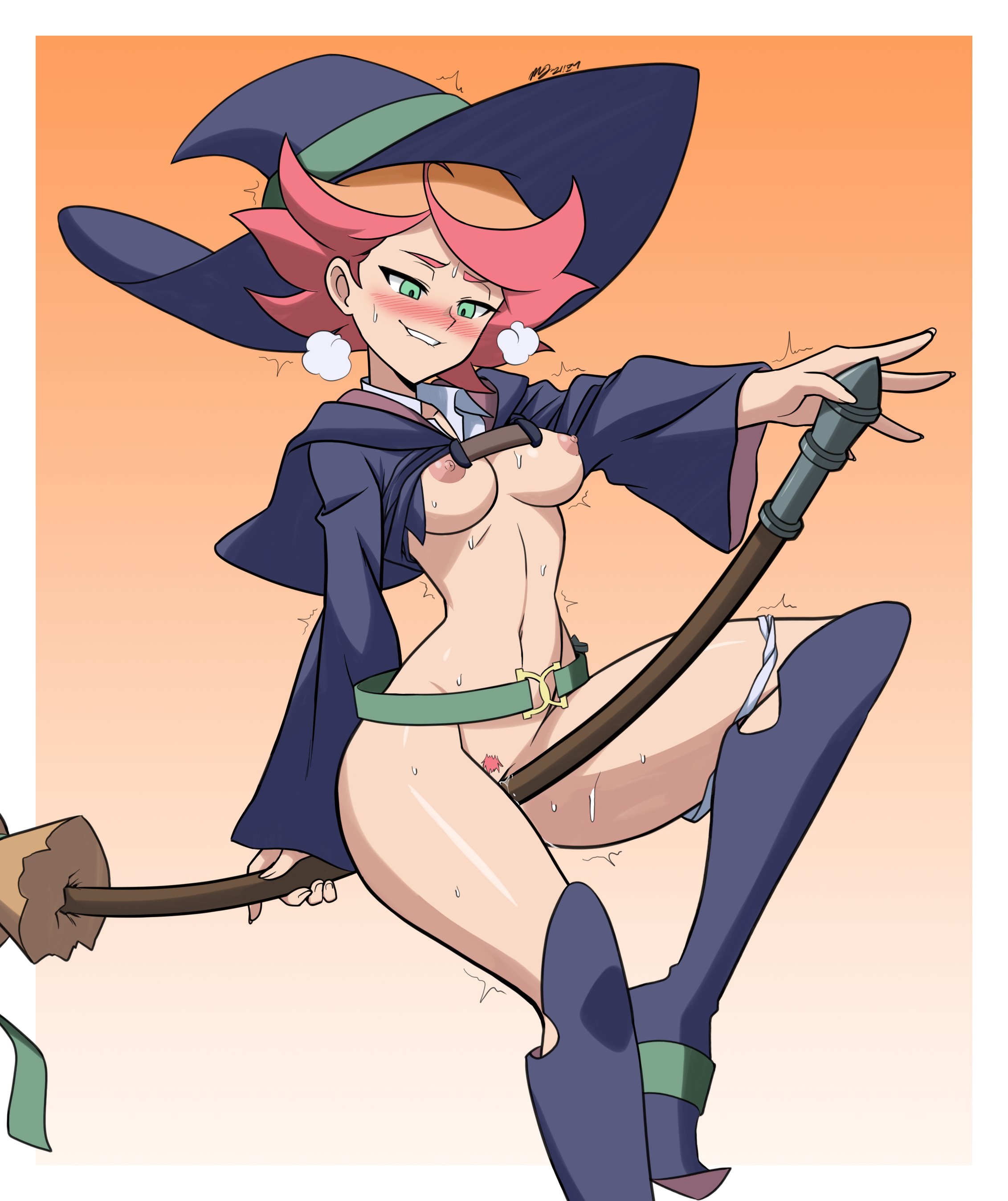 1girls, alternate version available, amanda o'neill, breasts, broom, crotch rub, female, female only, little witch academia, masturbation, mergeritter, orange hair, pink hair, pubic hair, pussy, pussy rub, pussy rubbing, rubbing, small breasts, solo, studio trigger, two-tone hair