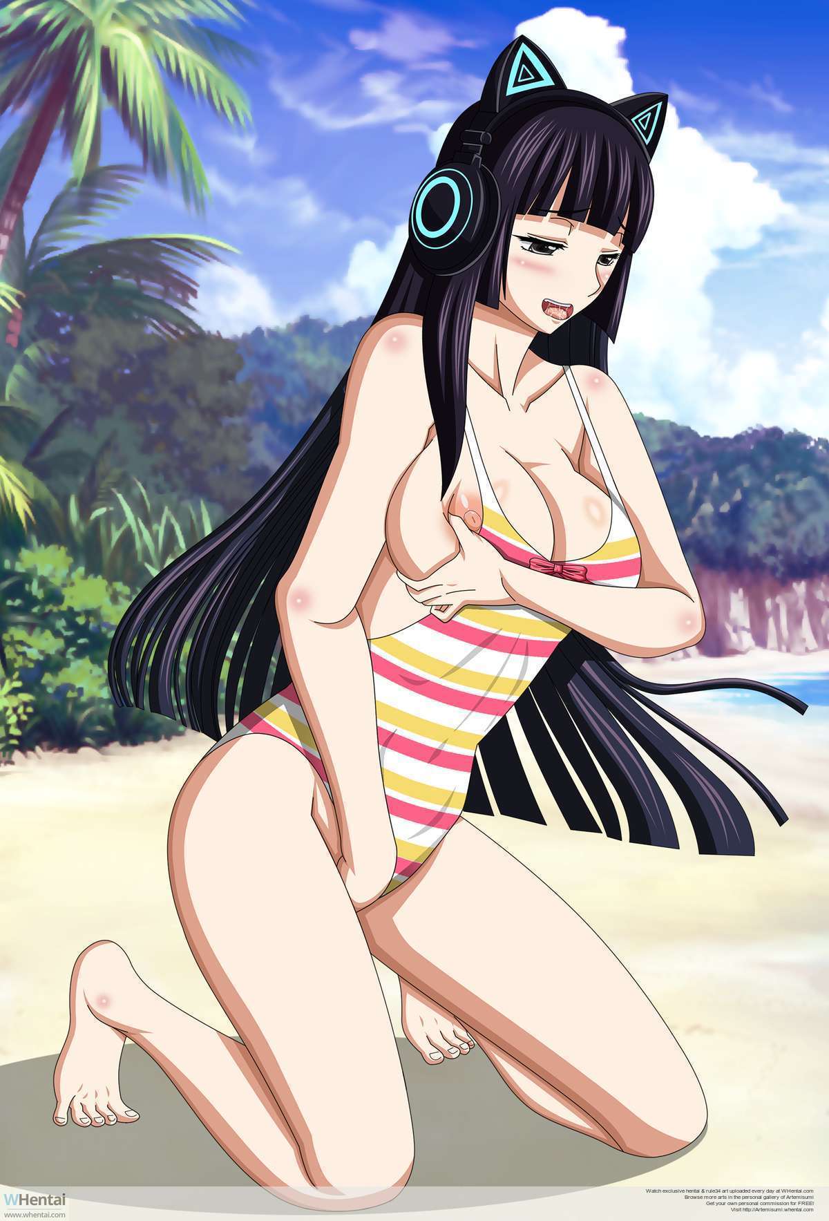 animal_ear_headphones artemisumi black_hair breasts cat_ear_headphones erect_nipples erect_nipples_under_clothes fake_animal_ears flcl flcl_progressive headphones hidomi_hibajiri high_resolution hime_cut long_hair masturbation nipples swimsuit tagme whentai yellow_swimsuit