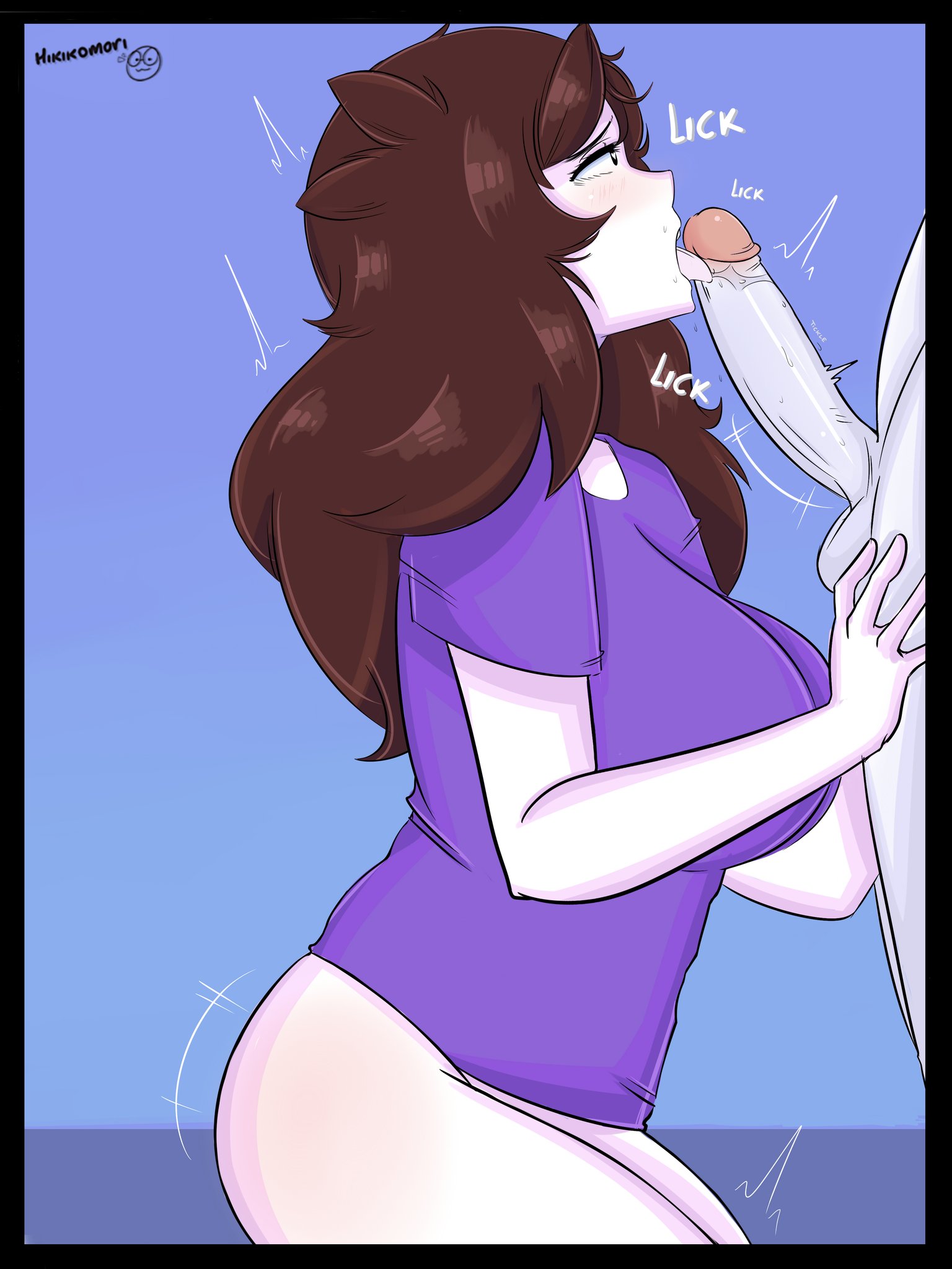 1boy, 1girls, anon, big breasts, bottomless, breasts, brown hair, female, hand on crotch, hikikomori (artist), imminent oral, jaiden, jaiden animations, licking penis, looking at partner, looking pleasured, looking up, male, nude, nude male, penis, purple shirt, saliva, saliva drip, saliva on penis, signature, sitting, standing, youtube, youtuber