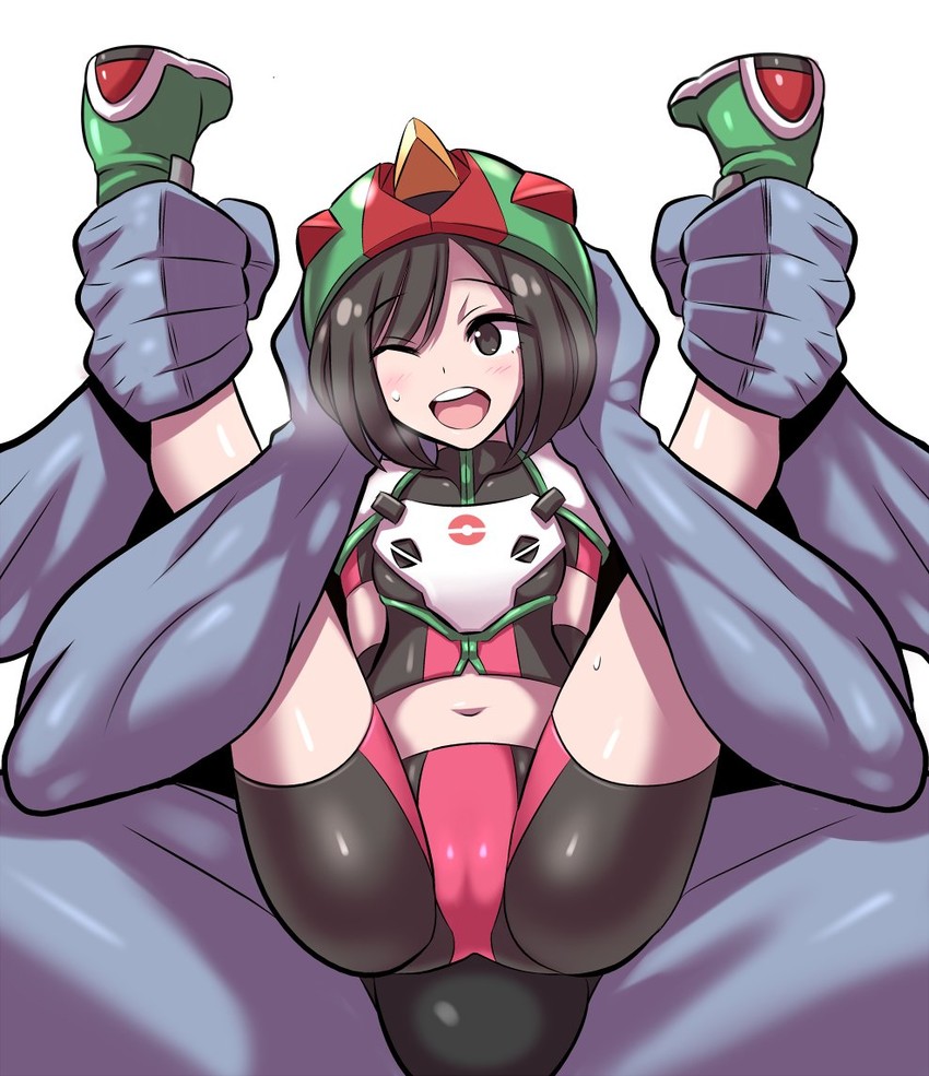 ;d, 4 arms, anime style, big dom small sub, biker clothes, black eyes, black hair, blush, breastplate, breasts, bulge, cameltoe, creatures (company), female, femsub, full nelson, game freak, helmet, human, imminent sex, interspecies, konno tohiro, larger male, leg grab, machamp, male, male pokemon/female human, maledom, multi arm, multi limb, nintendo, one eye closed, open mouth, pokemon, pokemon (species), pokemon sm, pokephilia, pussy, restrained, selene (pokemon), shoes, short hair, size difference, small breasts, smaller female, smile, white background