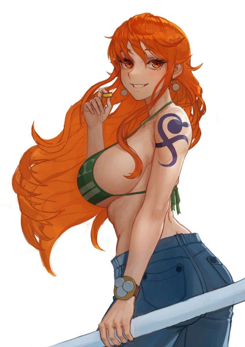 1girls, arm tattoo, ass, big breasts, bikini, bikini top, blue tattoo, breasts, caffeine500mg, female, female focus, female only, jeans, long hair, looking at viewer, nami (one piece), one piece, orange hair, orange-haired female, red hair, simple background, smile, striped bikini, tagme, tattoo, white background