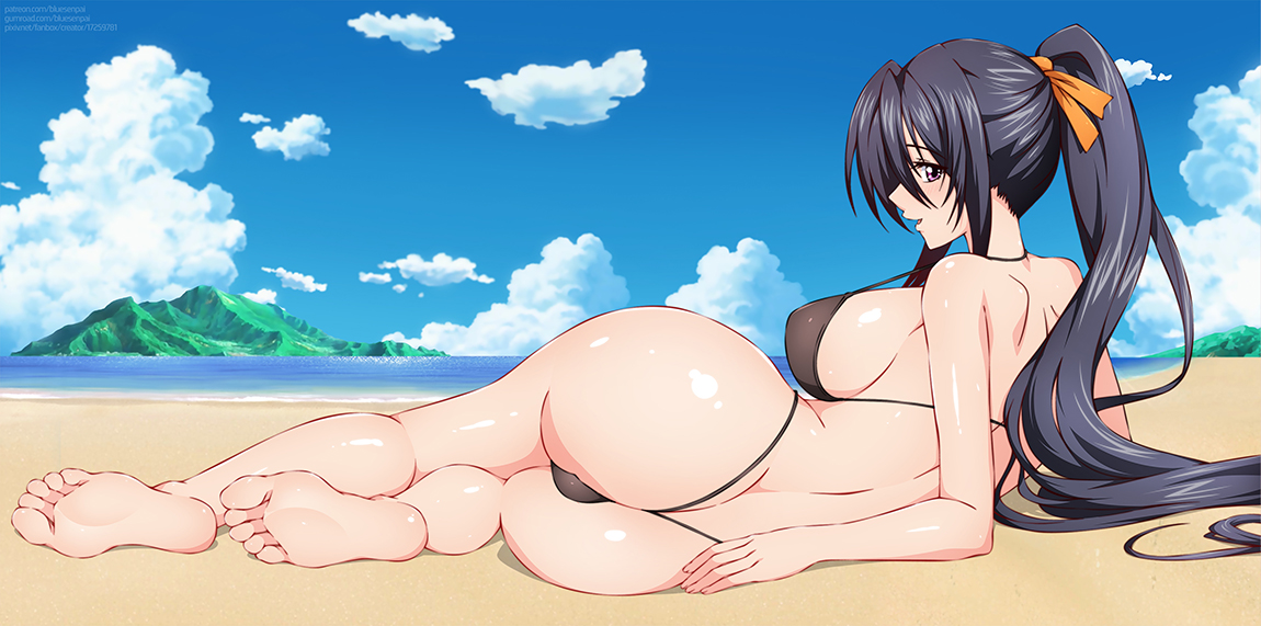 1girls, akeno himejima, ass, beach, big breasts, bikini, black bikini, black hair, blue-senpai, blush, breasts, day, feet, female, female only, hair ribbon, high school dxd, long hair, looking at viewer, looking back, on side, open mouth, outside, ponytail, purple eyes, shiny skin, sideboob, sky, smile, soles, toes