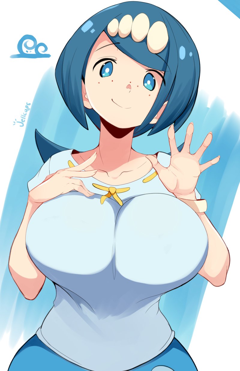 1girls, big breasts, blue eyes, blue hair, breasts, clothes, female, female only, freckles, hair ornament, human, jellcaps, lana's mother (pokemon), mature, mature female, milf, mob face, nintendo, pokemon, pokemon sm, shirt, skirt, solo, tied hair, waving