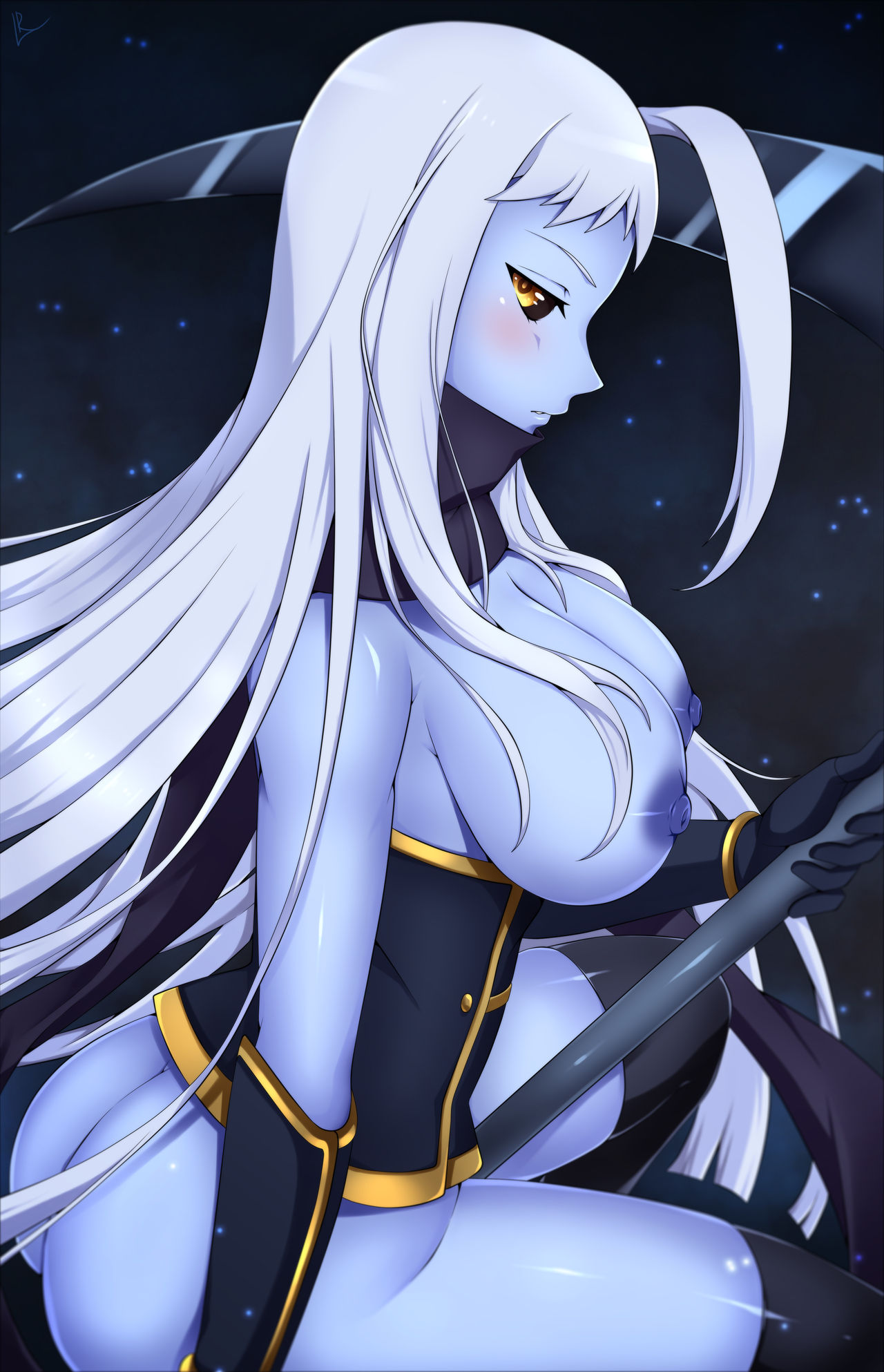 1girls, ass, bottomless, breasts, female, female only, lala (monster musume), lindaroze, monster girl, monster musume no iru nichijou, nipples, no bra, solo, thighhighs, weapon