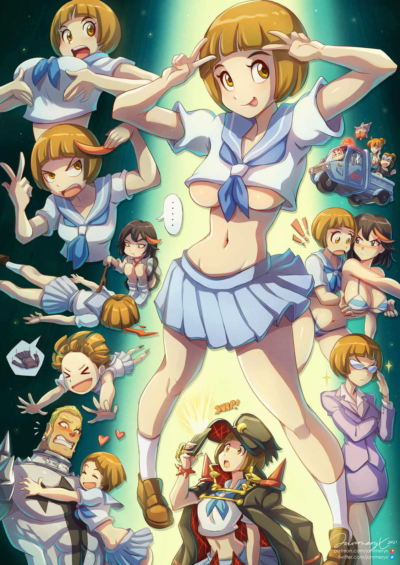 2boys, 2girls, artist signature, black-haired female, blonde-haired male, bob cut, breasts, brown hair, brown-haired female, cleavage, female, female focus, huge breasts, jammeryx, kill la kill, male, mankanshoku mako, matoi ryuuko, multiple boys, multiple females, multiple girls, multiple males, studio trigger, underboob