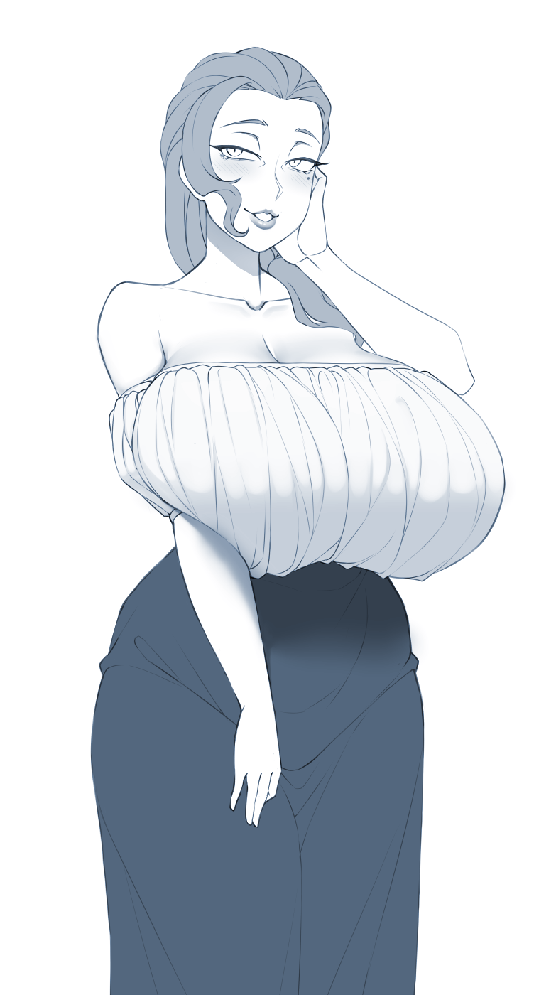 ayako_(twrlare) beauty_mark braid collarbone dress enormous_breasts huge_breasts low_cut_top milf oc original original_character smile solo twrlare white_background