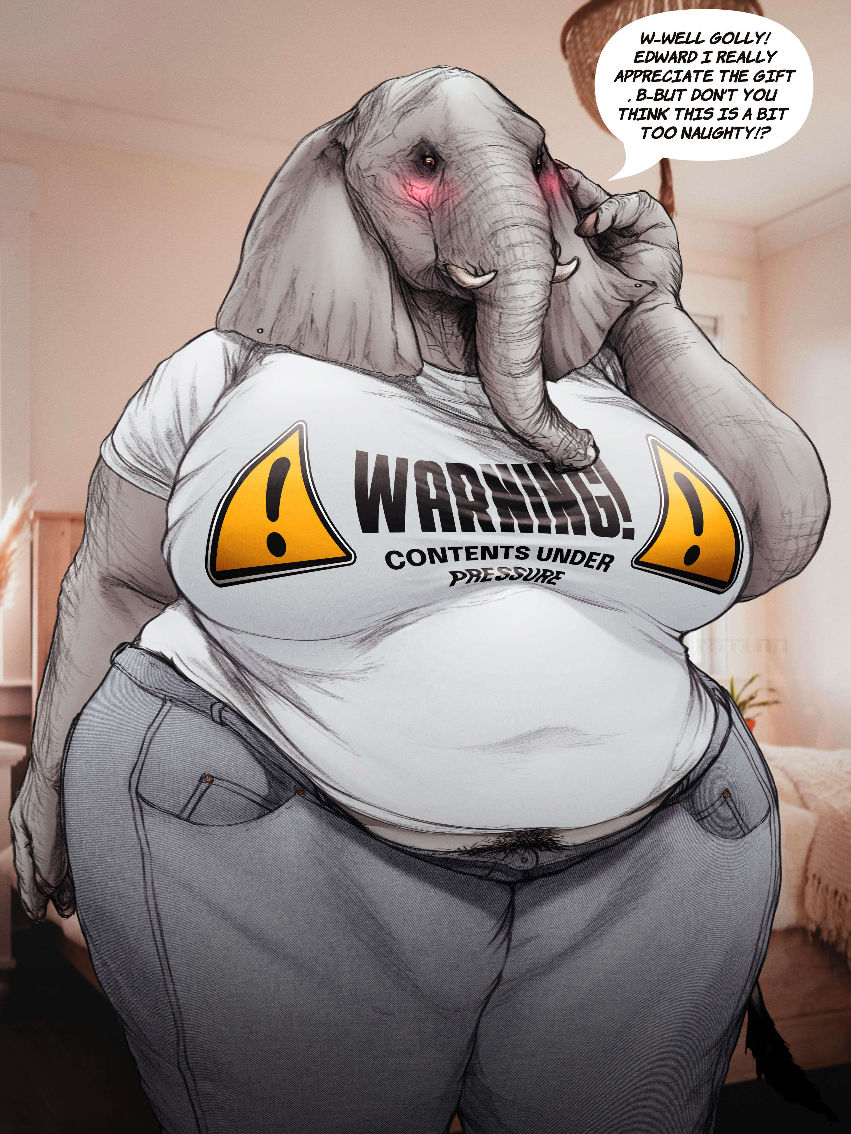 absurd res, anthro, band1tnsfw, bedroom, belly, big breasts, blush, blush lines, body hair, bottomwear, breasts, brown eyes, clothing, denim, denim bottomwear, denim clothing, dialogue, digital drawing (artwork), digital media (artwork), elephant, elephantid, english text, female, female anthro, grey body, grey skin, happy trail, hi res, huge breasts, jeans, jodie hughes (band1tnsfw), mammal, overweight, overweight anthro, overweight female, pants, pinup, portrait, pose, proboscidean, shirt, solo, speech bubble, t-shirt, text, text on clothing, text on shirt, text on topwear, thick thighs, tight bottomwear, tight clothing, tight pants, tight shirt, tight topwear, topwear, tusks, white clothing, white shirt, white topwear, wide hips
