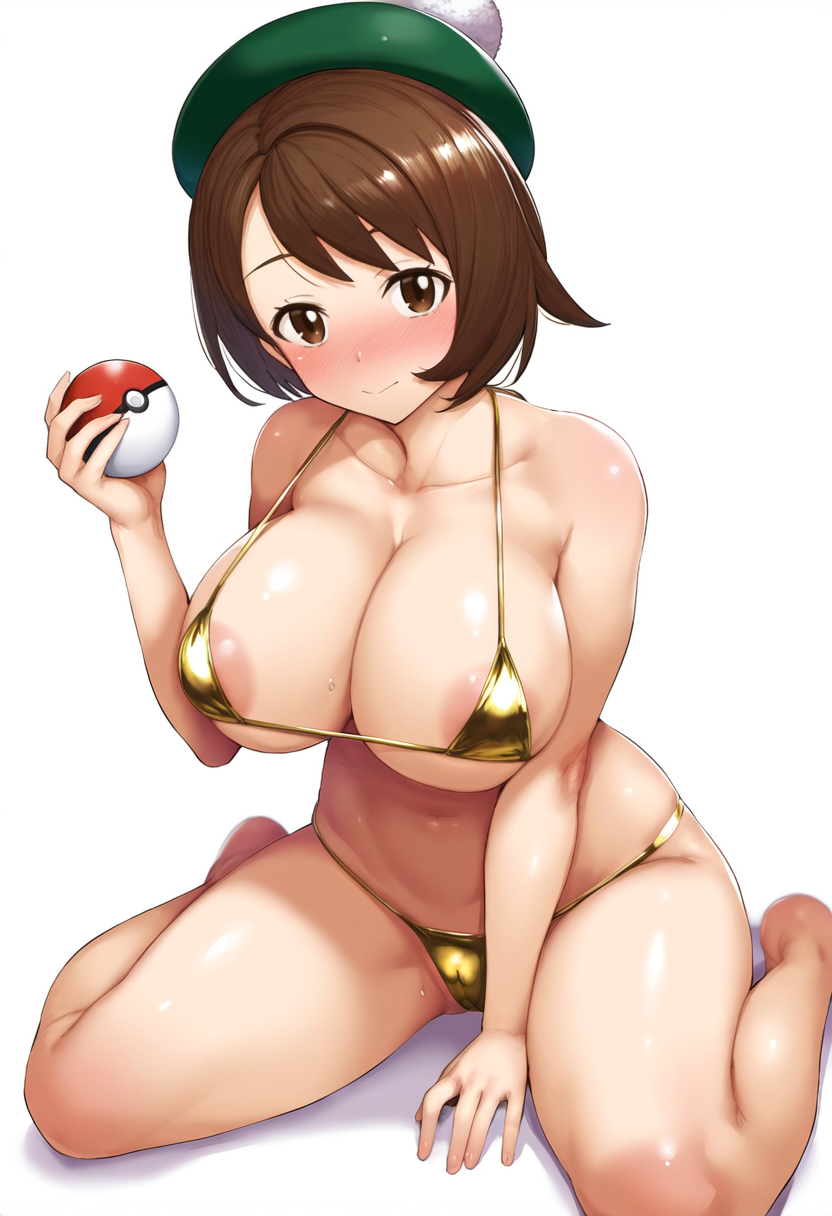 1girls ai_generated alternate_breast_size bikini breasts brown_eyes brown_hair female gloria_(pokemon) gold_bikini golden_week hat hi_res huge_breasts light-skinned_female light_skin naughty_face nintendo pokemon pokemon_ss pyo short_hair stable_diffusion