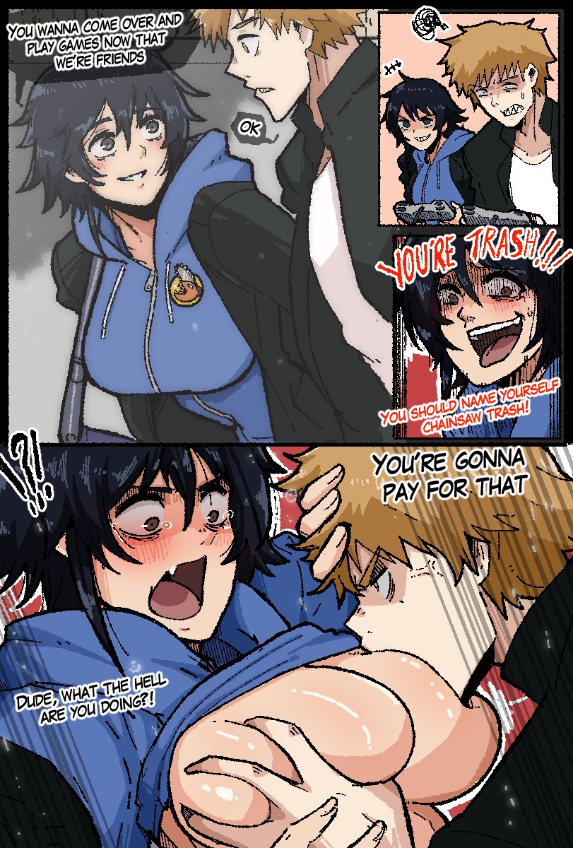 1boy, 1girls, blush, breast grab, breast sucking, breasts, chainsaw man, denji (chainsaw man), english text, female, fondling, gaming, large breasts, male, mark gavatino, rule 63, sugo miru, sweater, taunting, text, tomboy