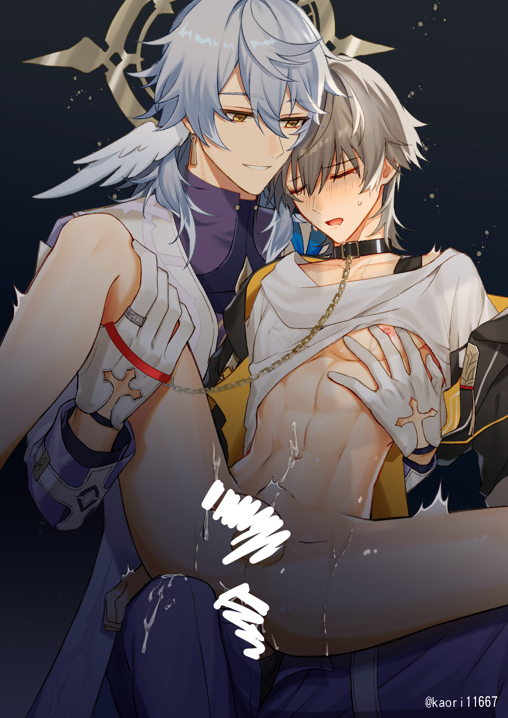 2boys, anal sex, belly bulge, caelus (honkai: star rail), censor bar, censored, censored penis, clothed, collar, cum, gay, head wings, honkai: star rail, male, male only, penis, sunday (honkai: star rail), wings, yaoi